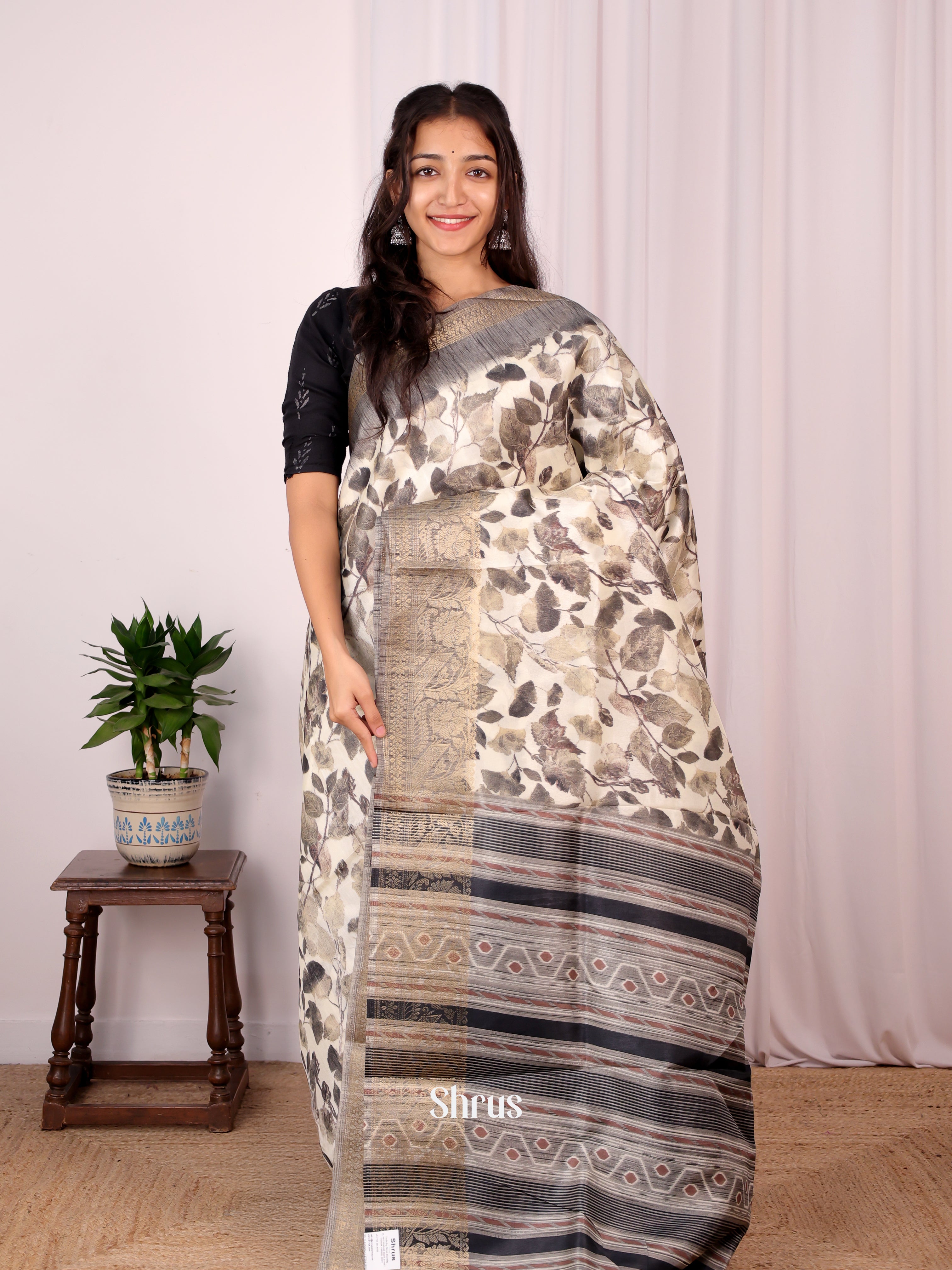 Cream & Grey - Semi Dupion Saree - Shop on Shrus.com
