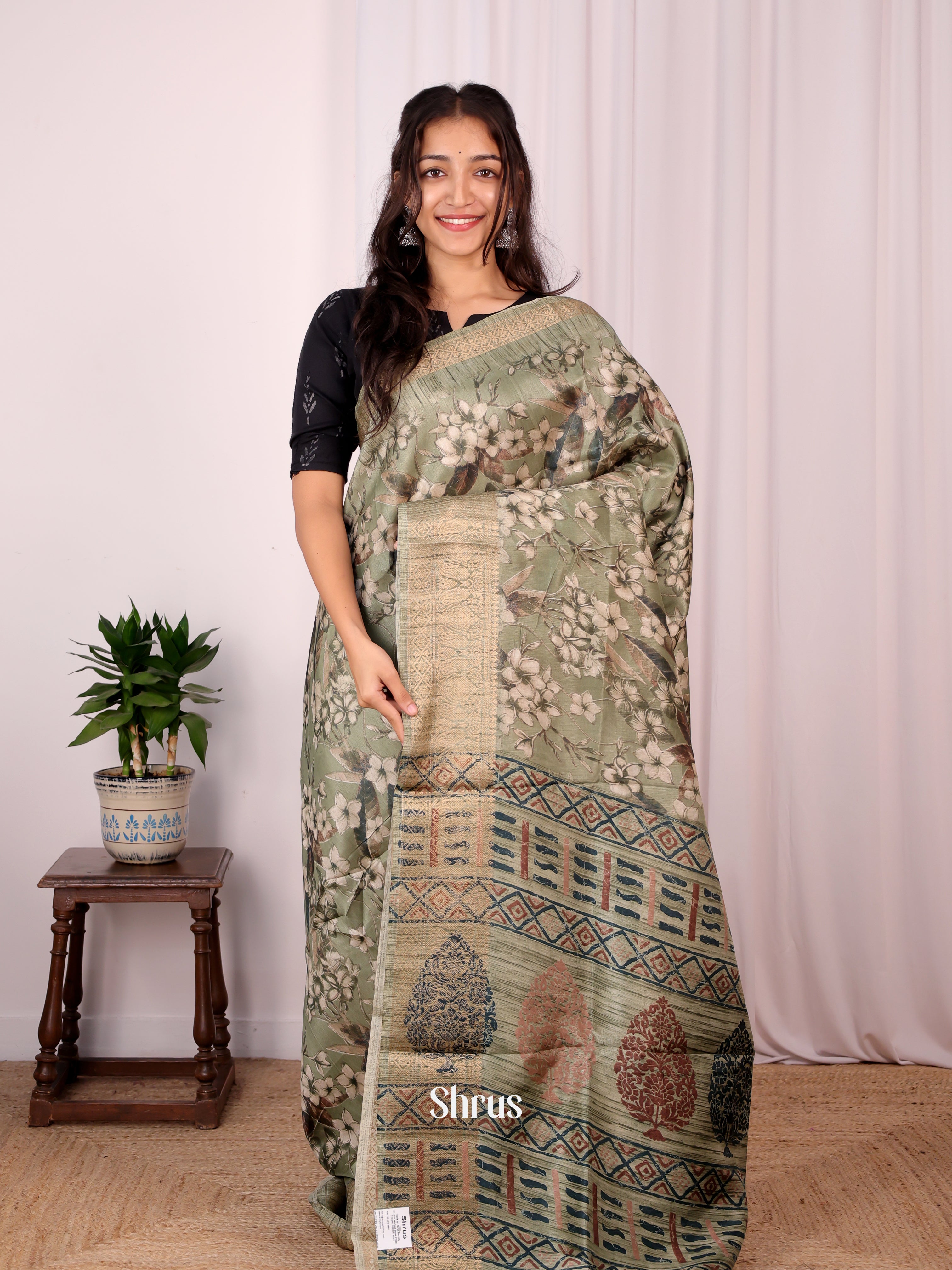 Algae Green- Semi Dupion Saree - Shop on Shrus.com