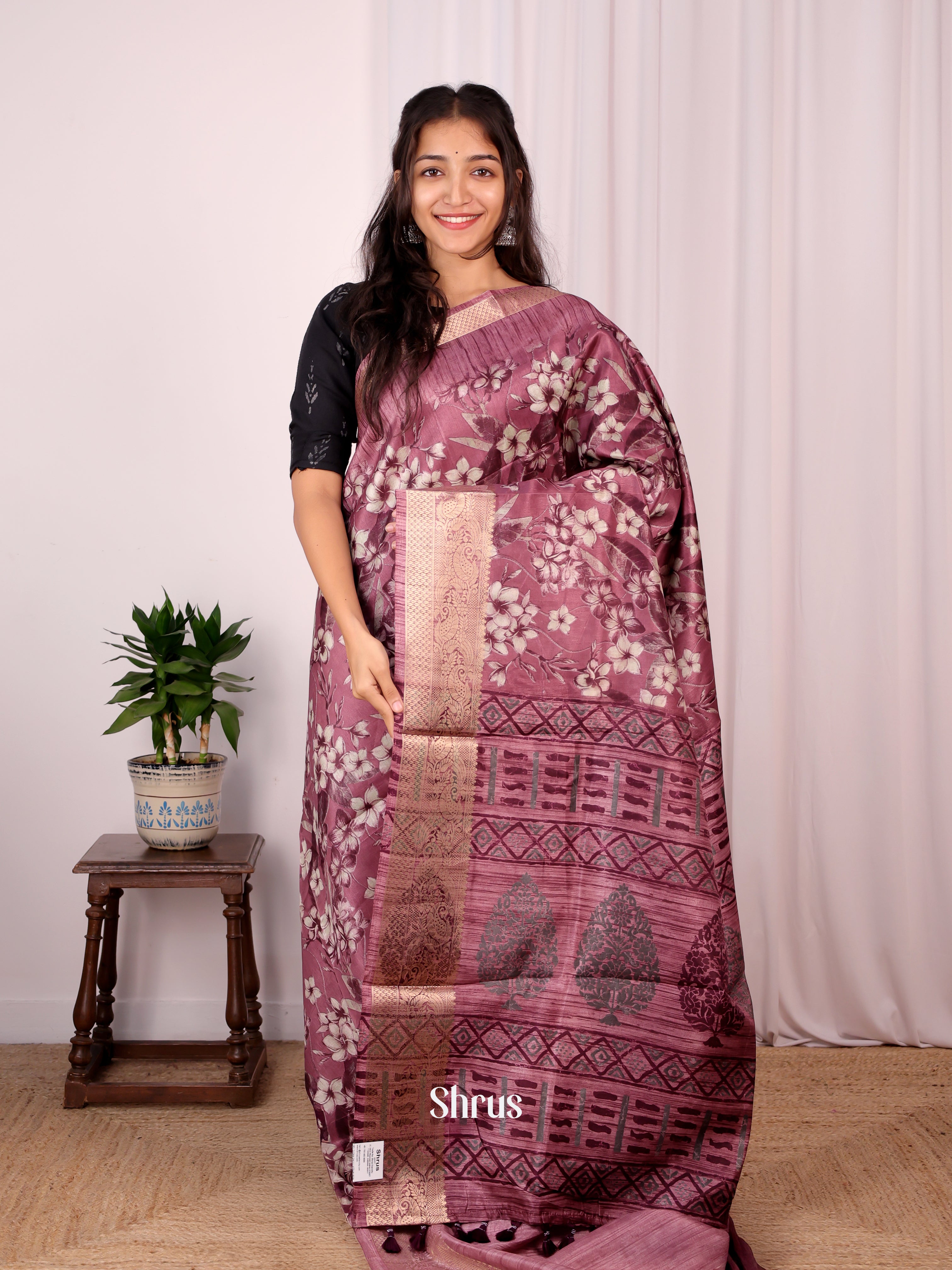 Onion Pink - Semi Dupion Saree - Shop on Shrus.com