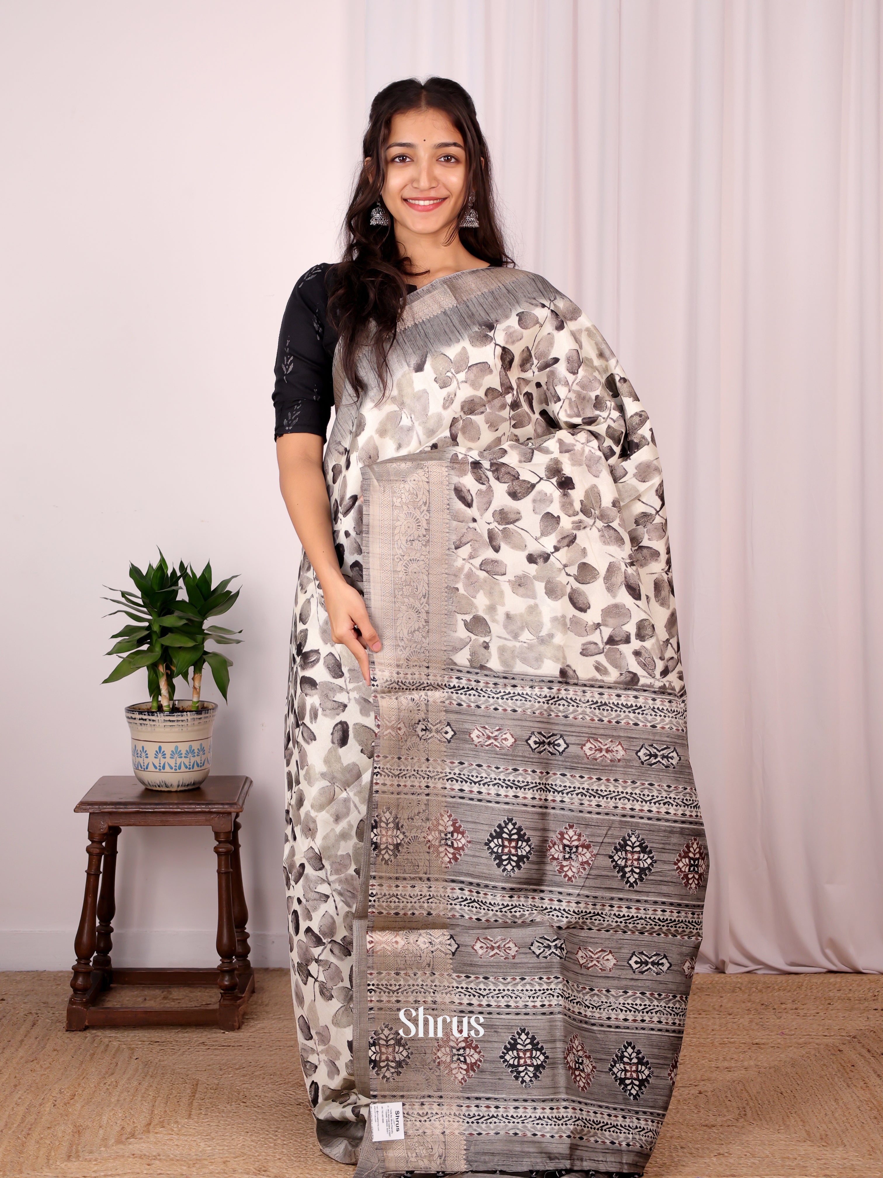 Cream & Grey - Semi Dupion Saree - Shop on Shrus.com