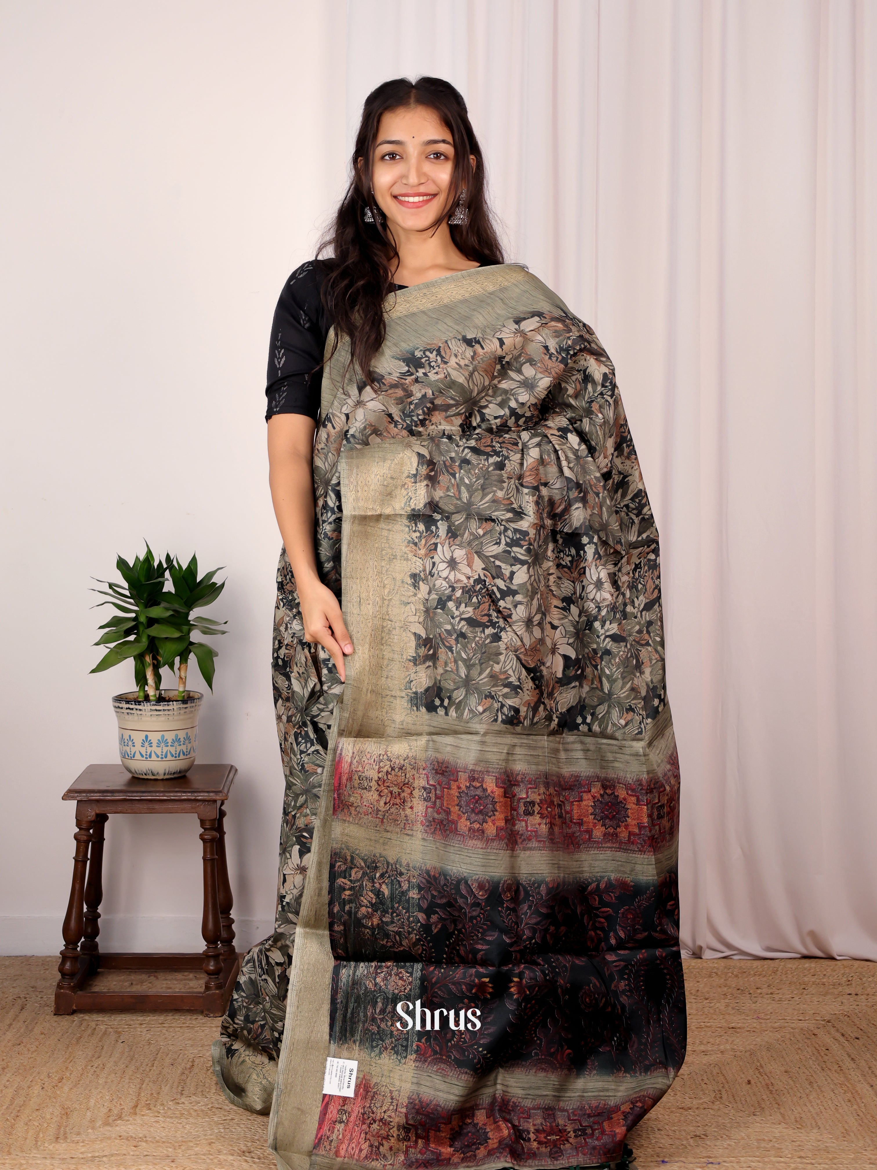 Green & Grey - Semi Dupion Saree - Shop on Shrus.com