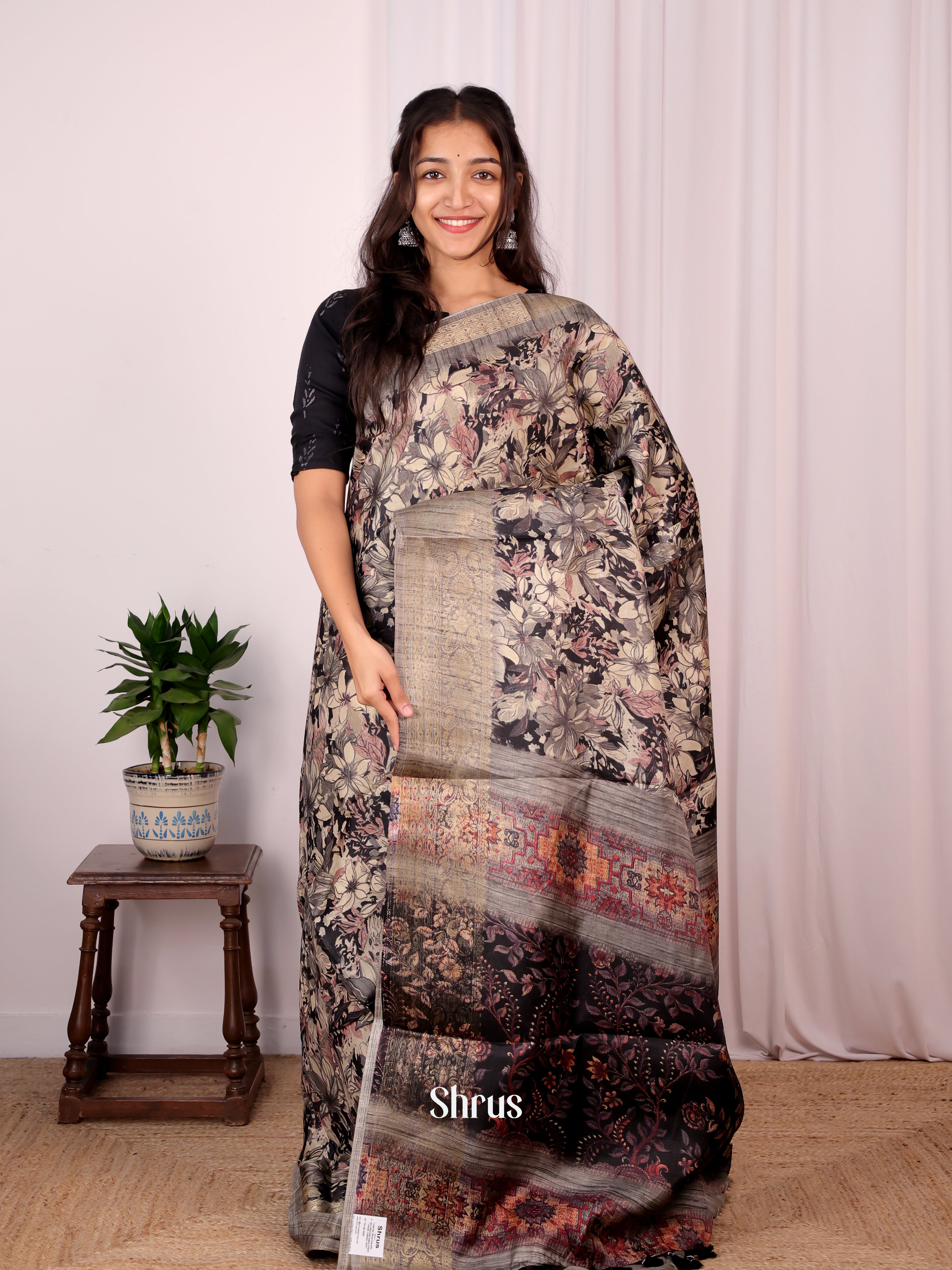 Black & Grey - Semi Dupion Saree - Shop on Shrus.com