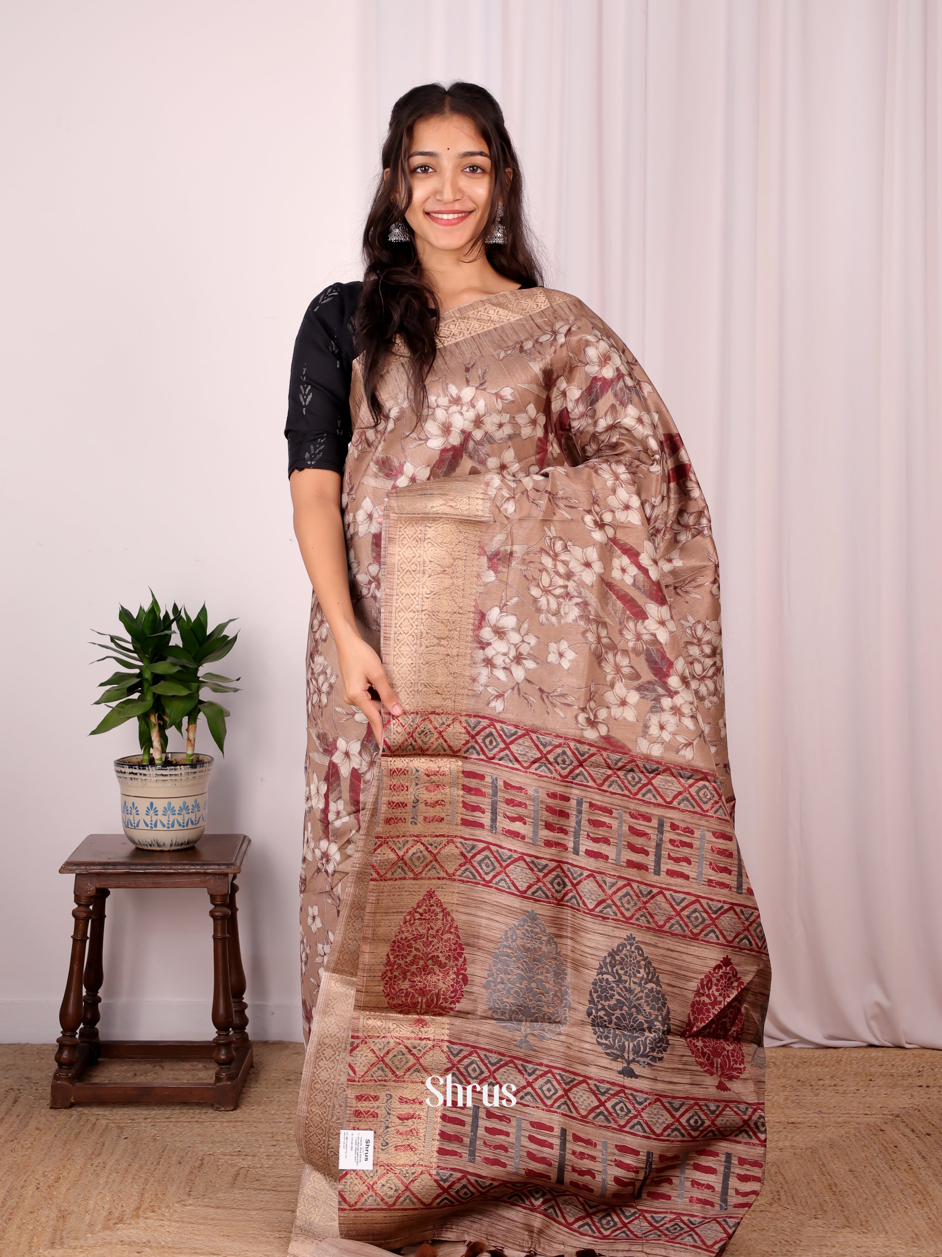 Brown - Semi Dupion Saree - Shop on Shrus.com
