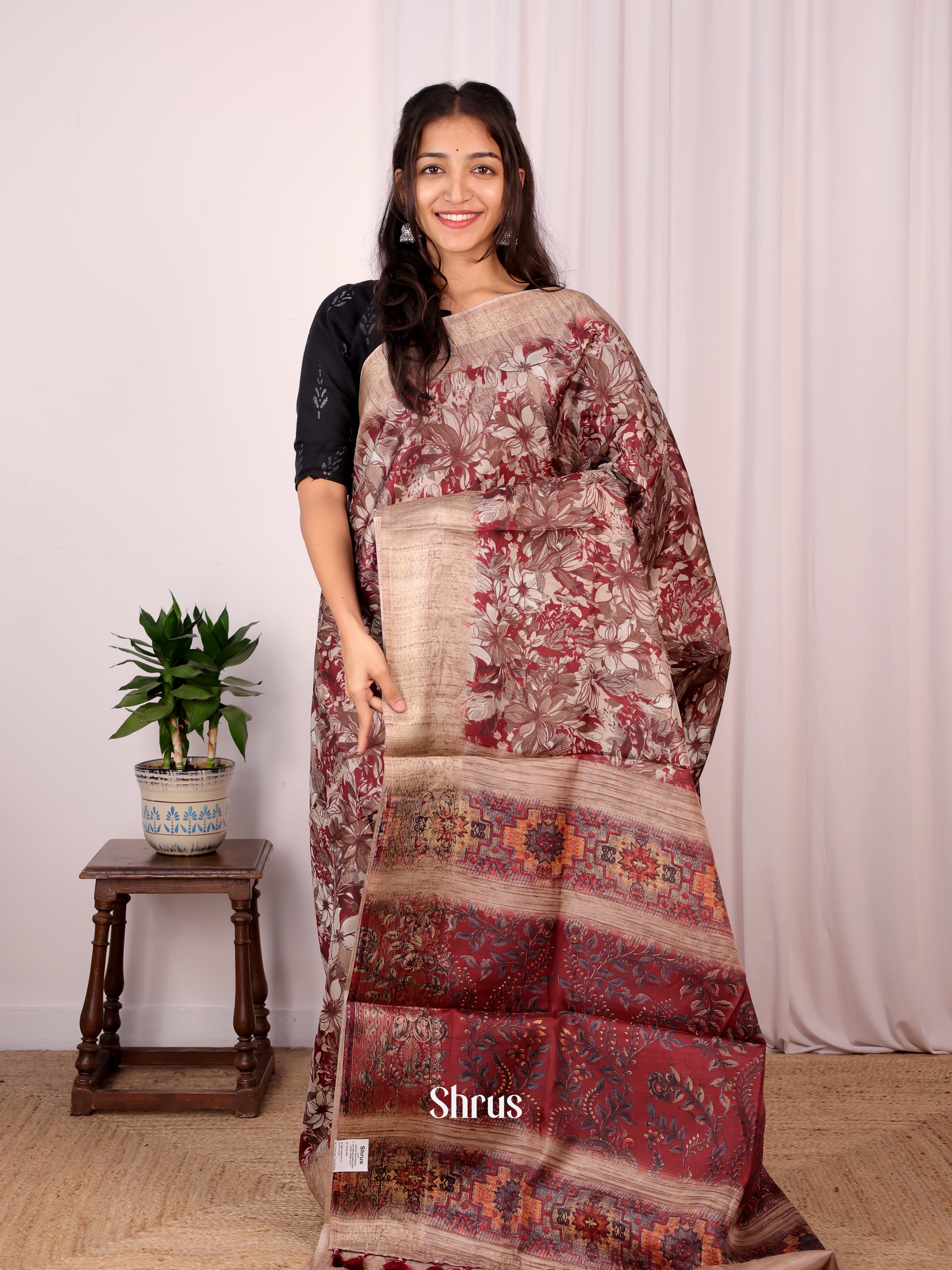 Brown & Maroon - Semi Dupion Saree - Shop on Shrus.com