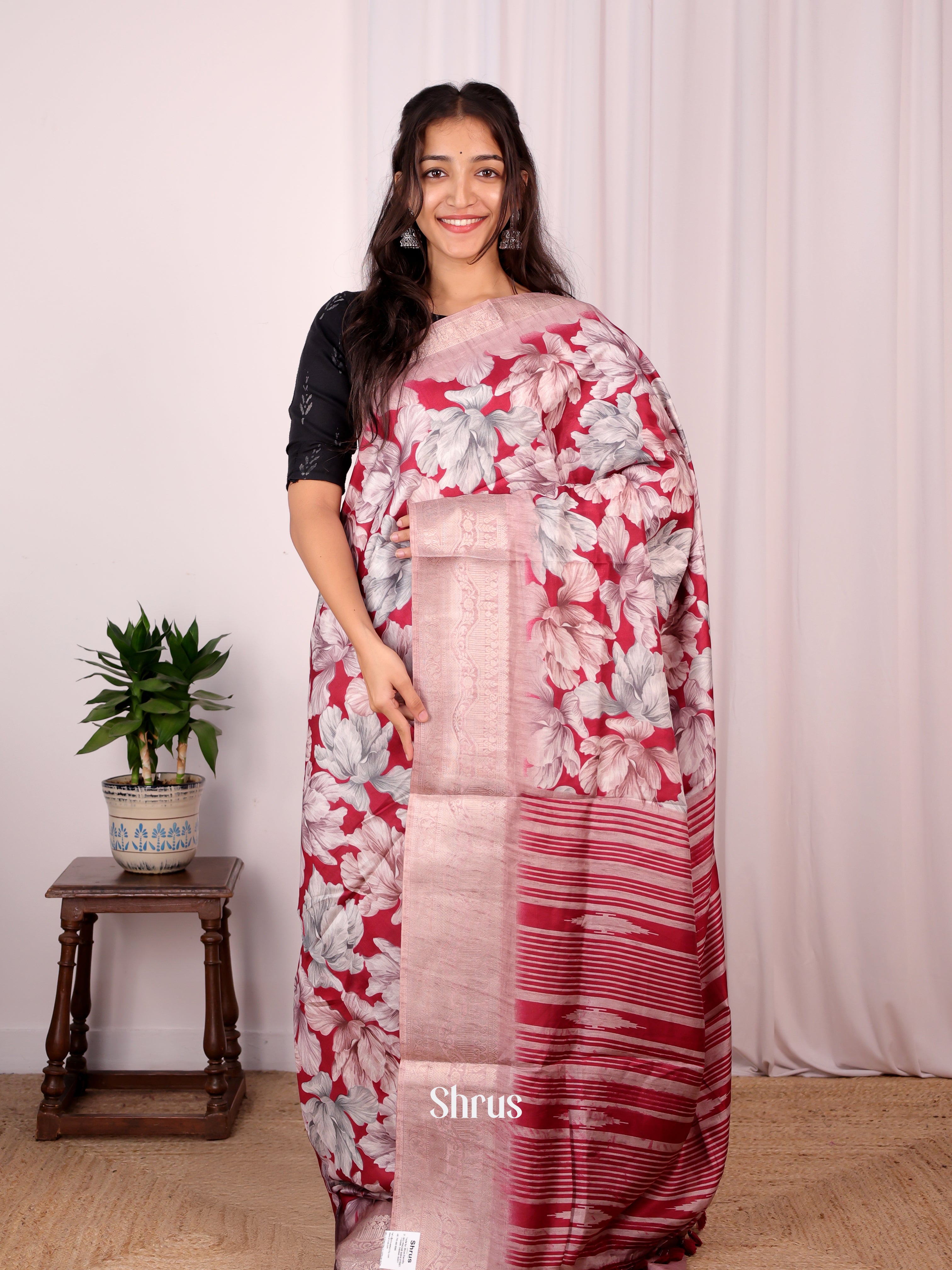 Red & Dusty Pink - Semi Dupion Saree - Shop on Shrus.com