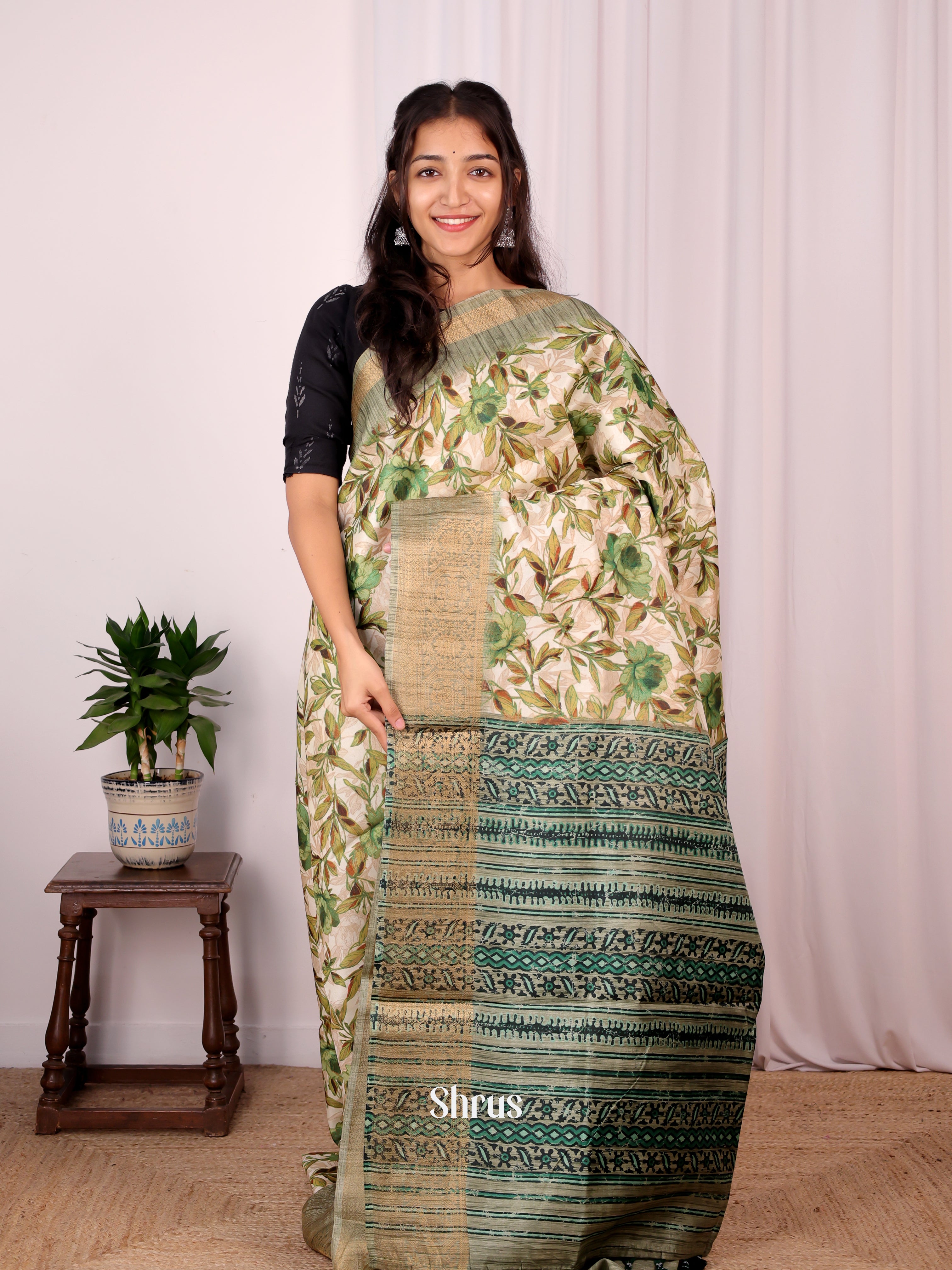 Cream & Green - Semi Dupion Saree - Shop on Shrus.com