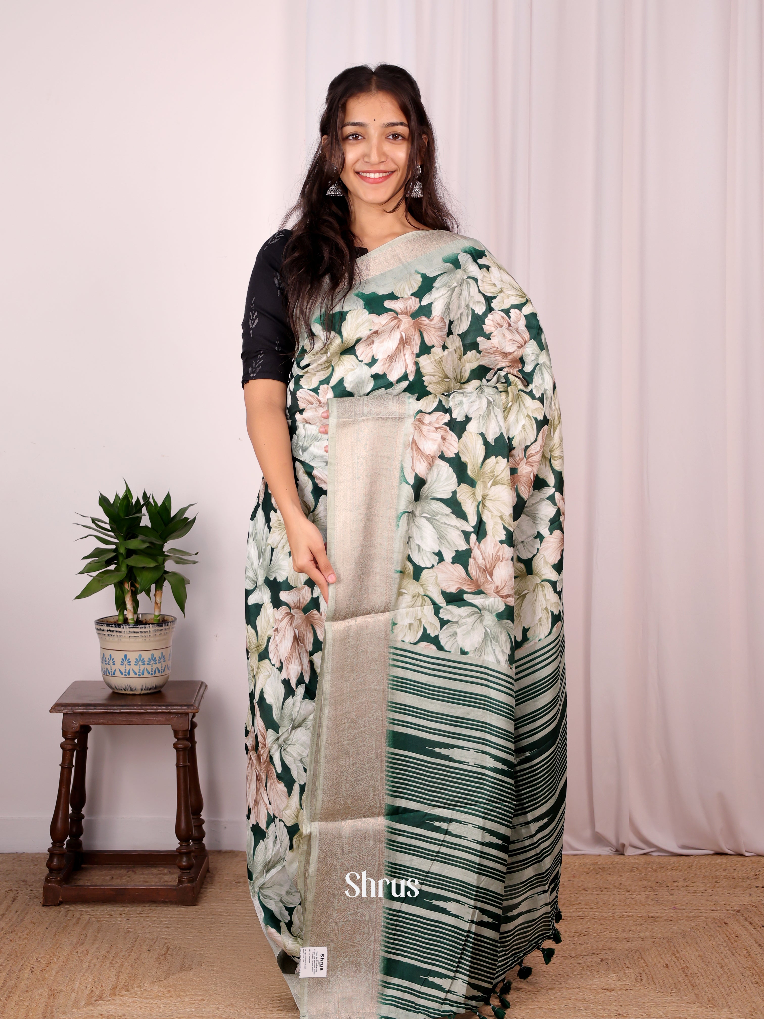 Green - Semi Dupion Saree - Shop on Shrus.com