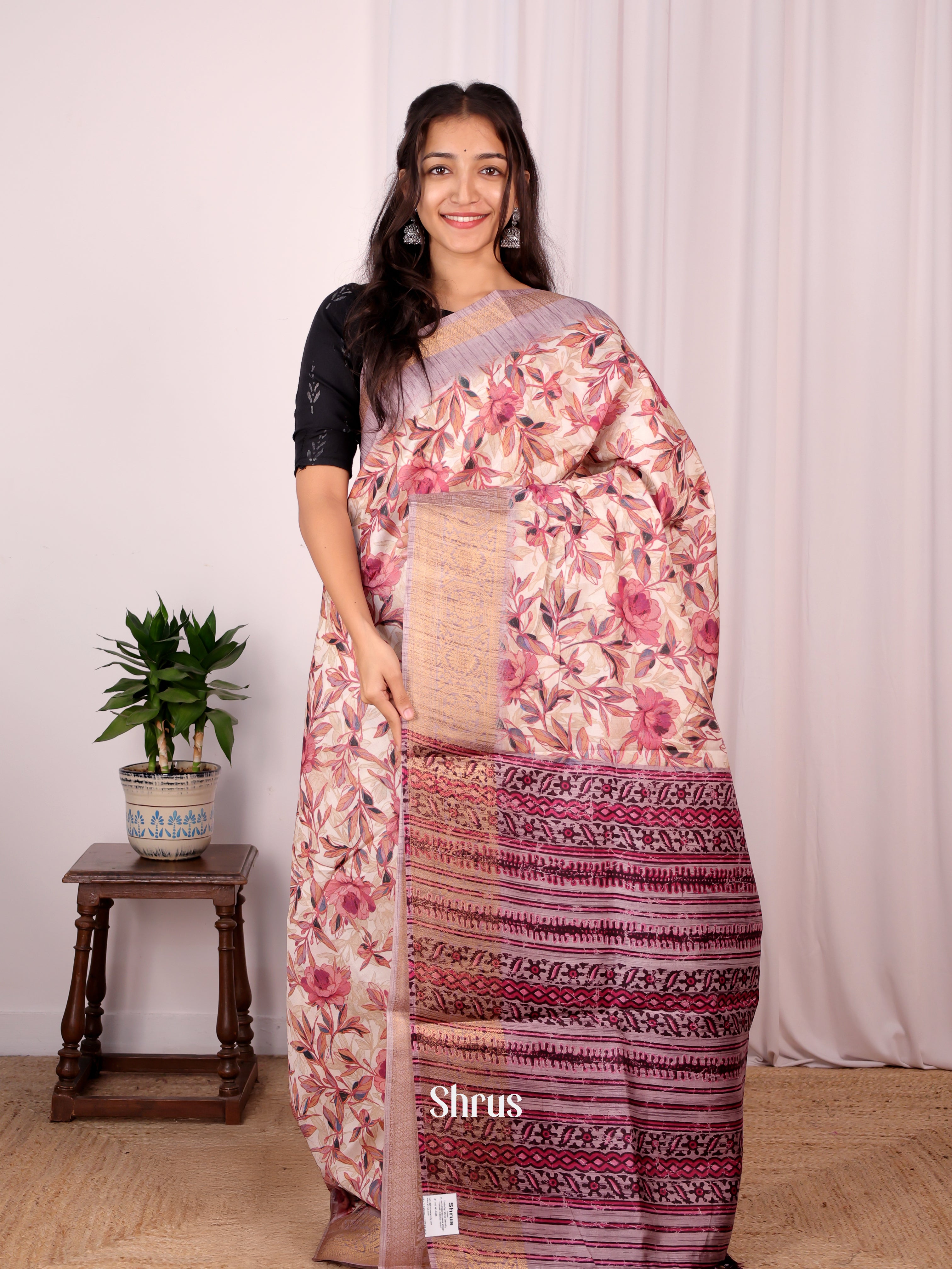 Cream & Pink - Semi Dupion Saree - Shop on Shrus.com