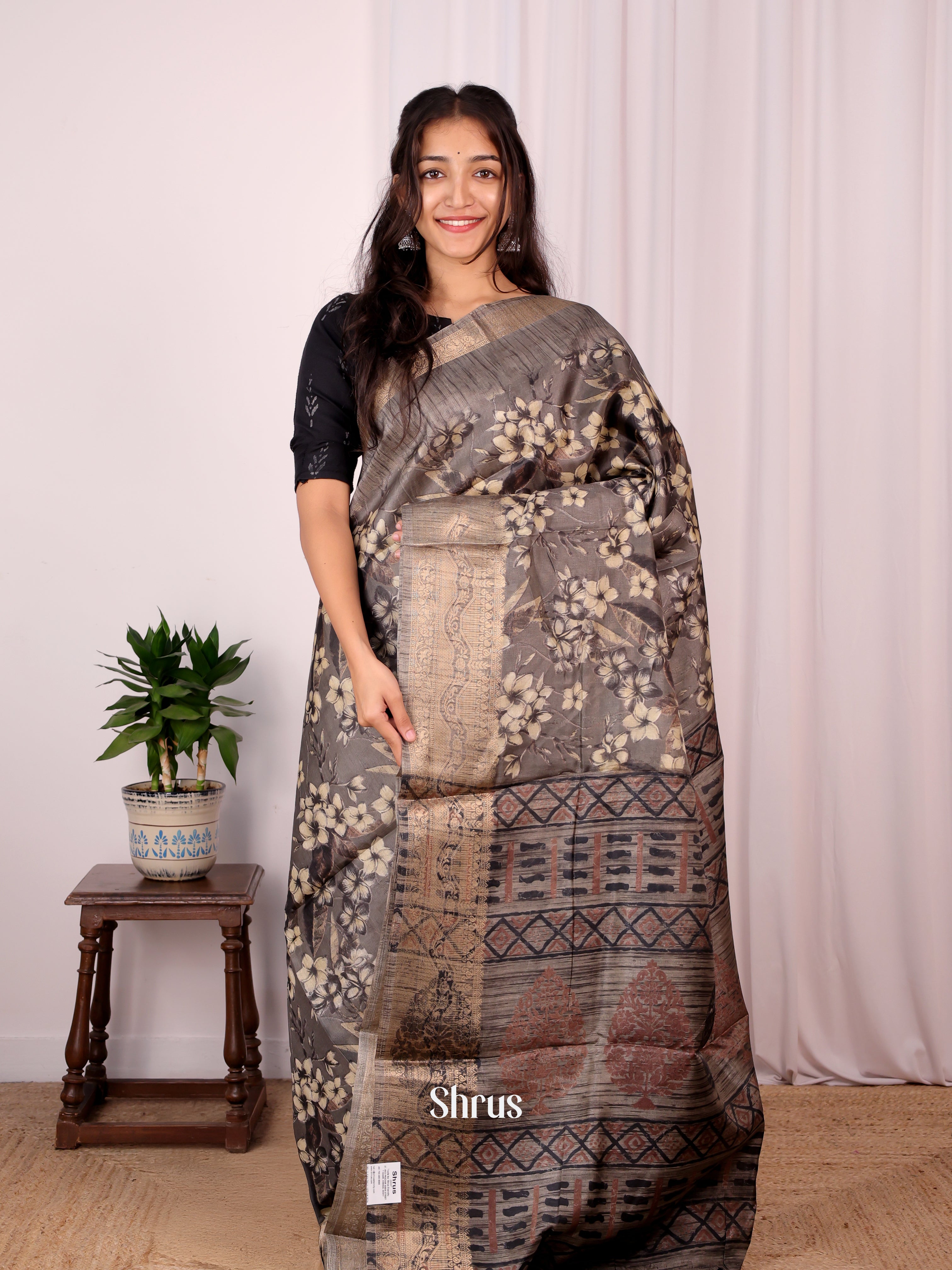 Grey- Semi Dupion Saree - Shop on Shrus.com
