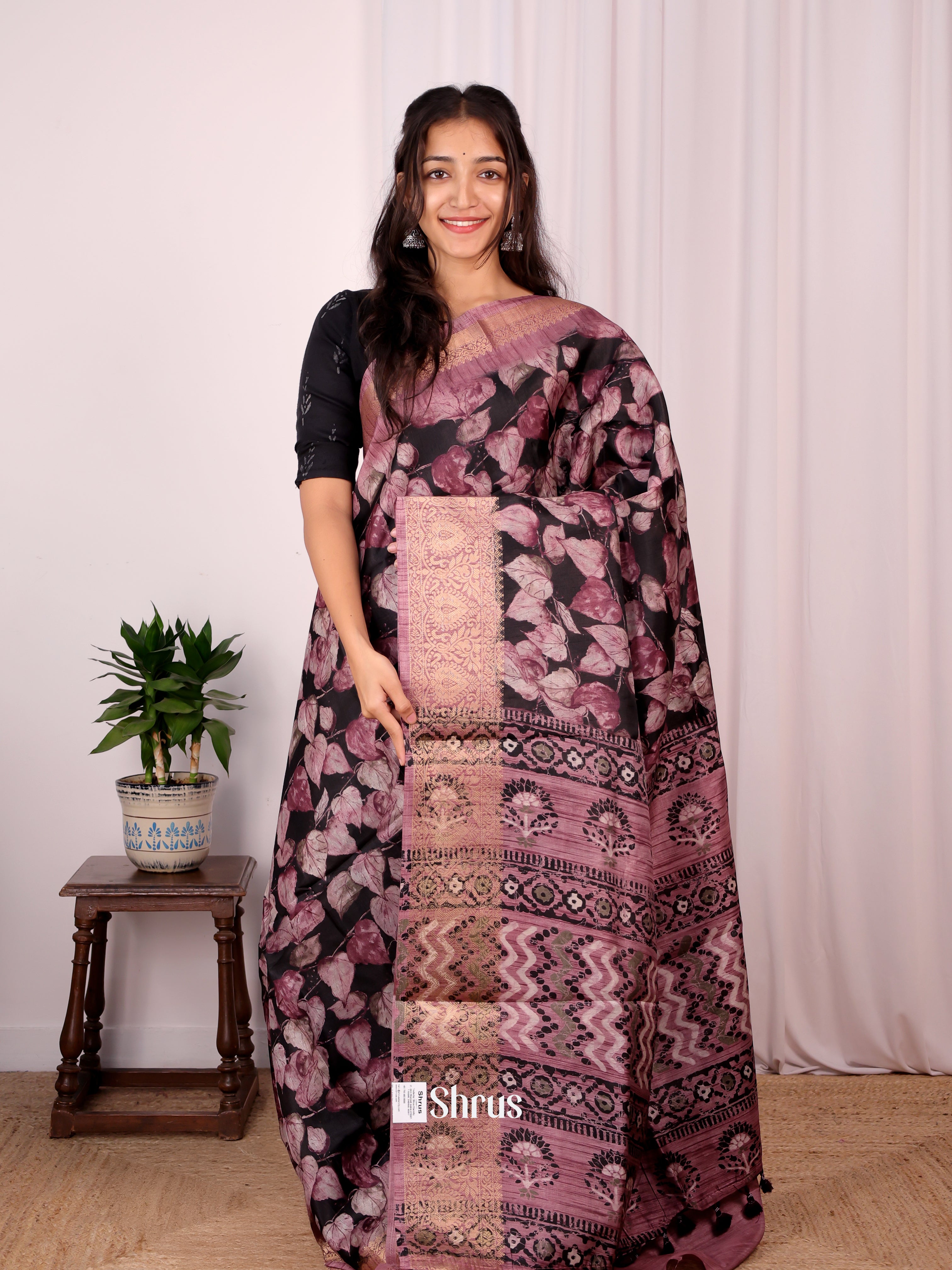Black & Purple - Semi Dupion Saree - Shop on Shrus.com