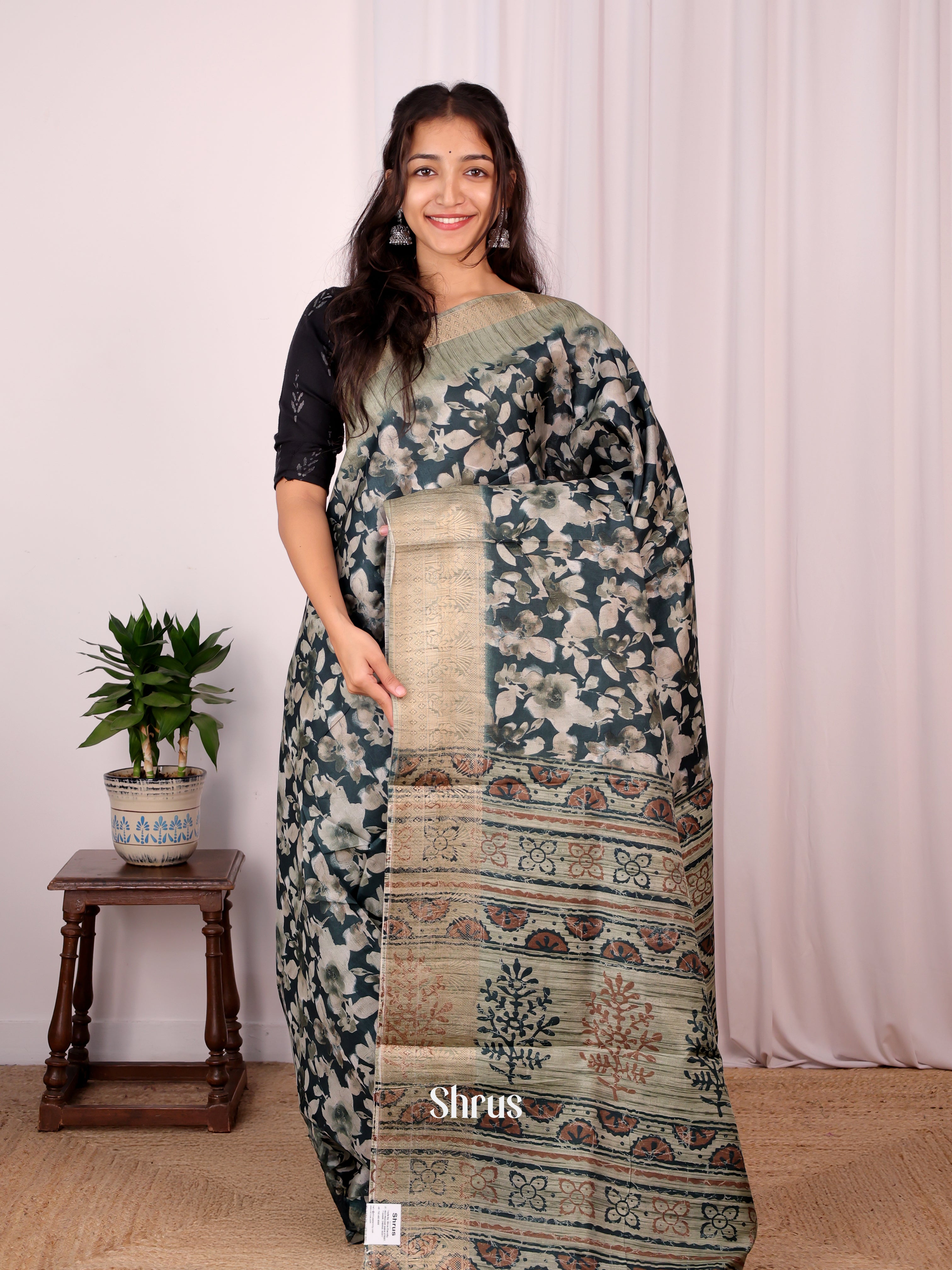 Dark Green & Lite Green - Semi Dupion Saree - Shop on Shrus.com