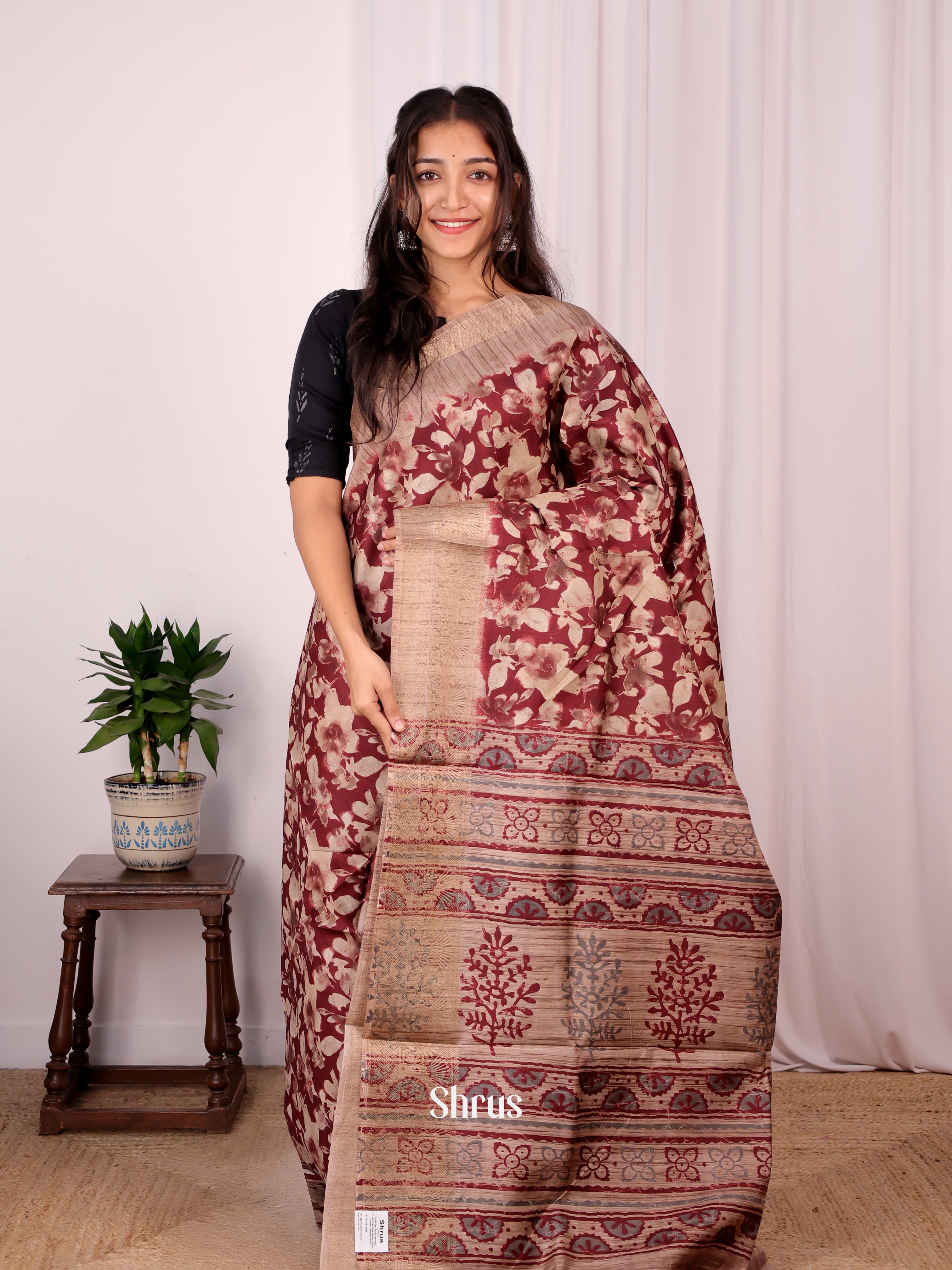 Maroon & Lite Brown - Semi Dupion Saree - Shop on Shrus.com