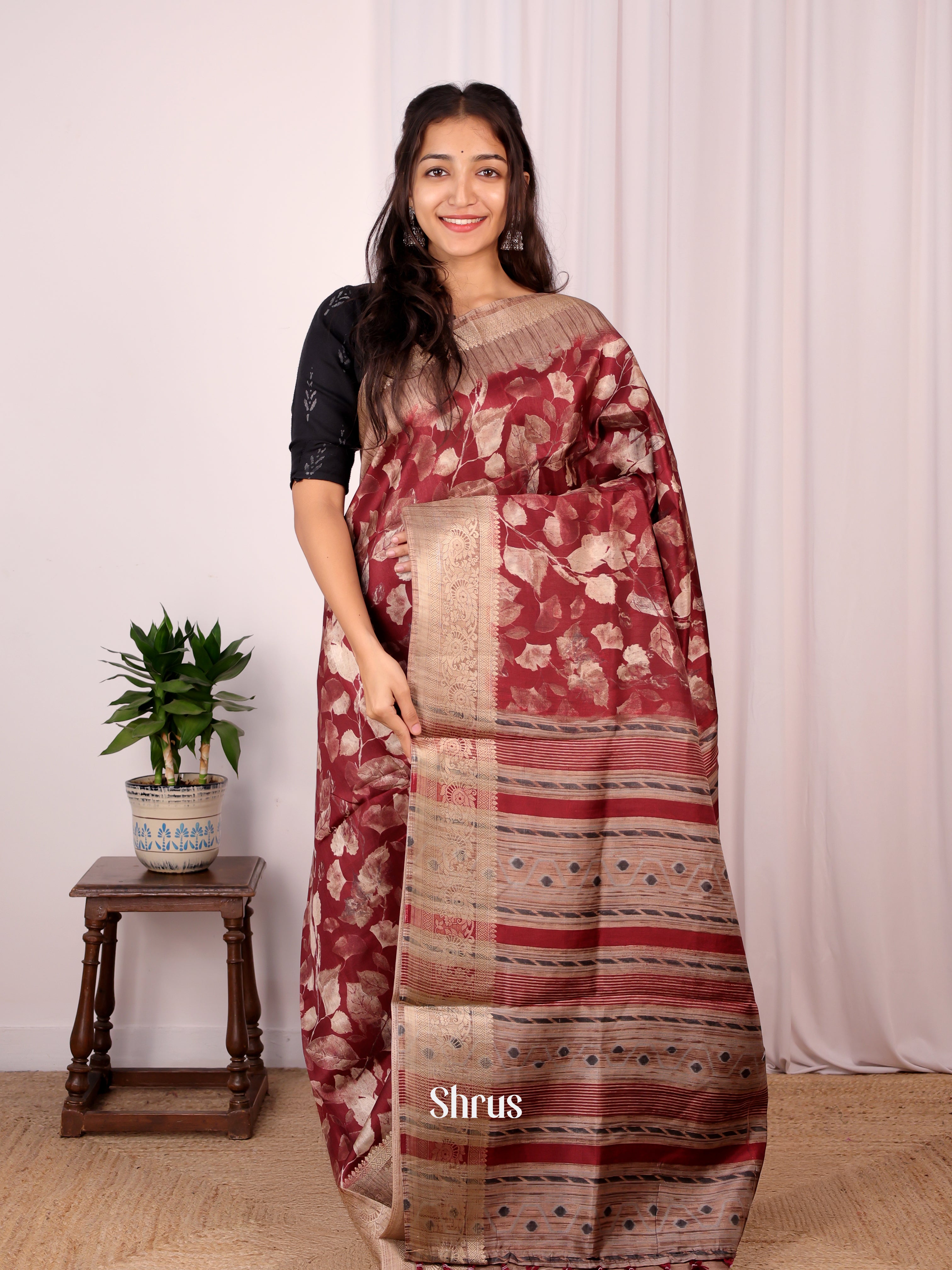 Maroon & Brown - Semi Dupion Saree - Shop on Shrus.com