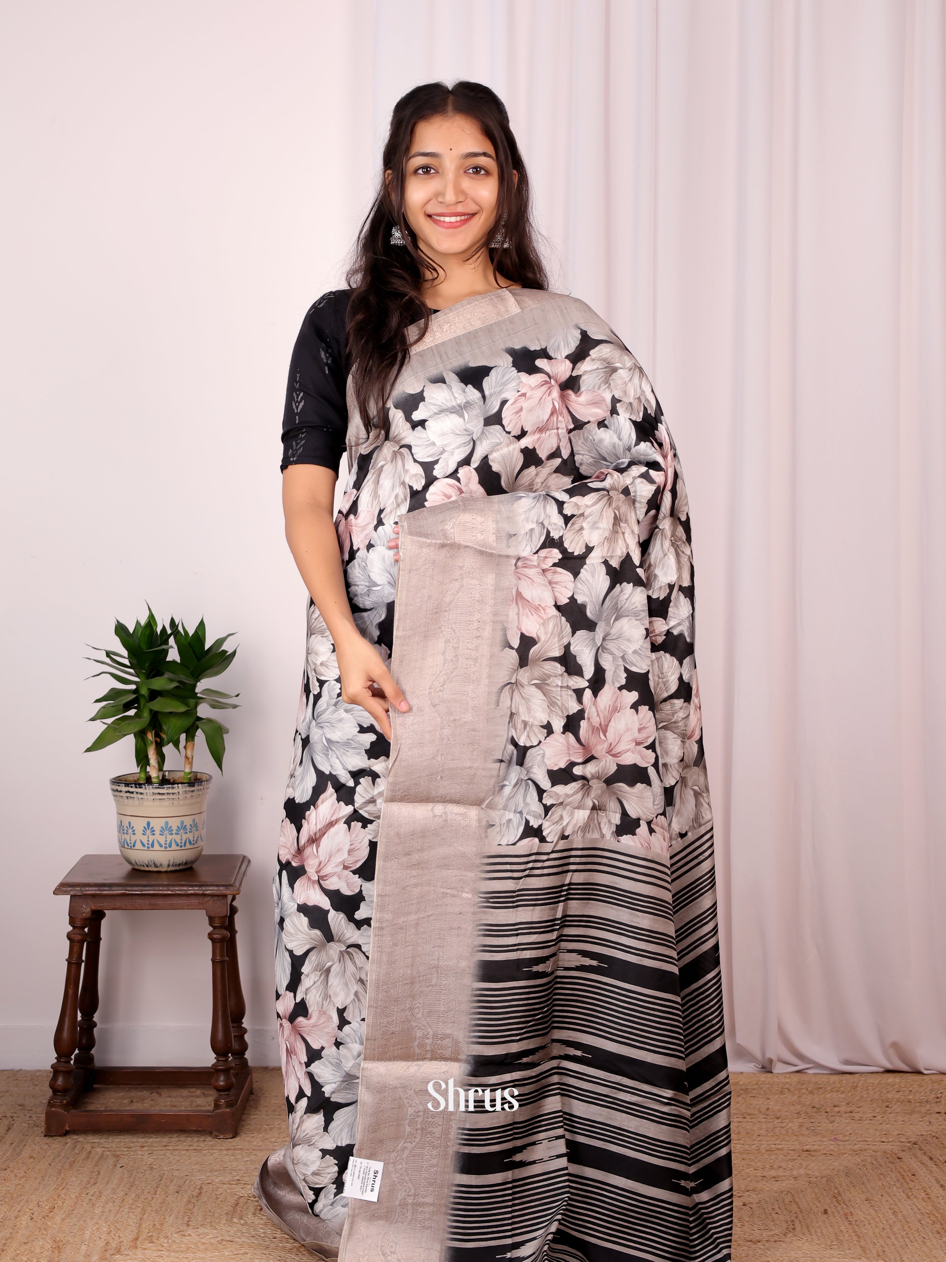 Black & Grey - Semi Dupion Saree - Shop on Shrus.com