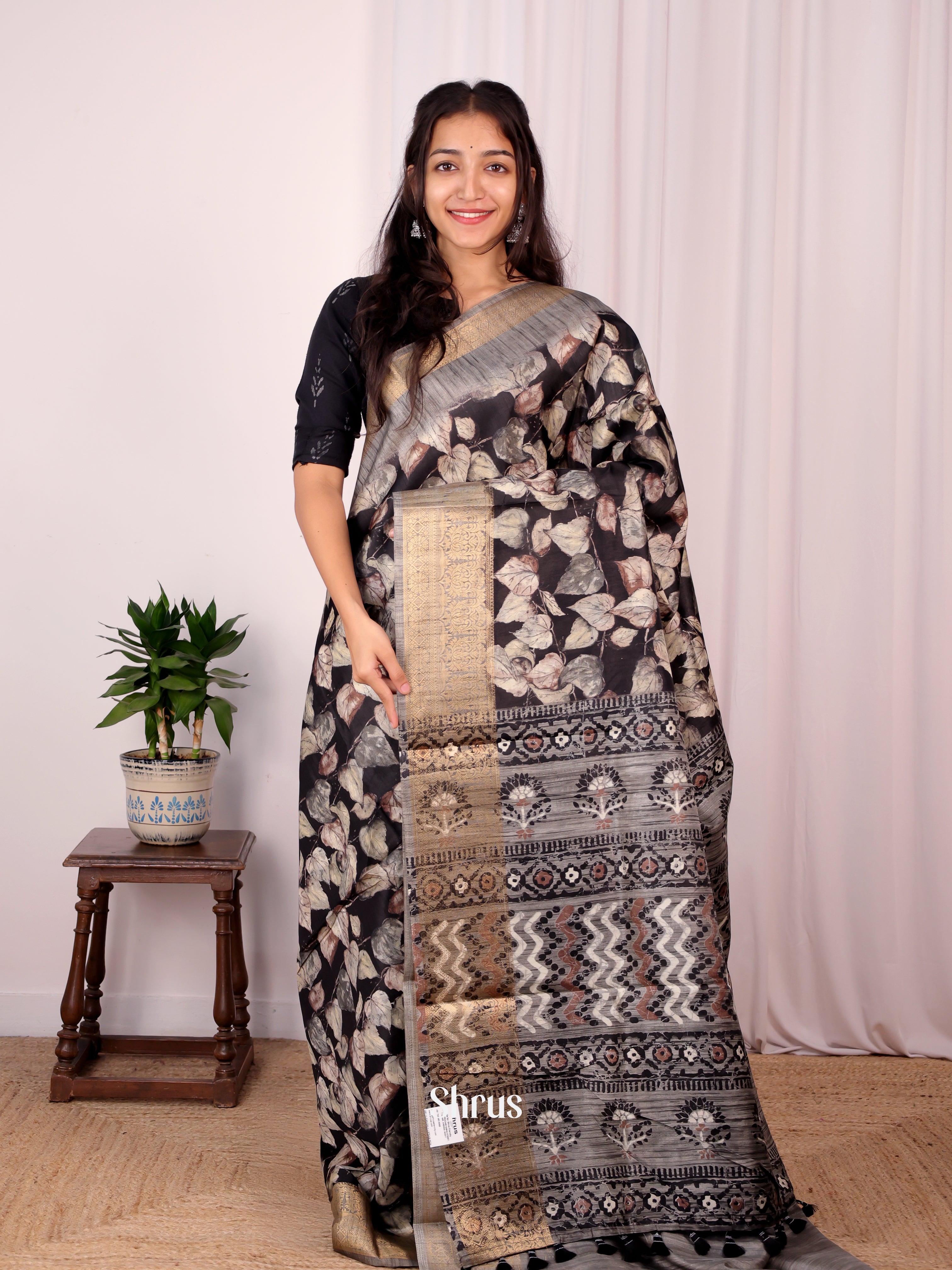 Black & Grey - Semi Dupion Saree - Shop on Shrus.com