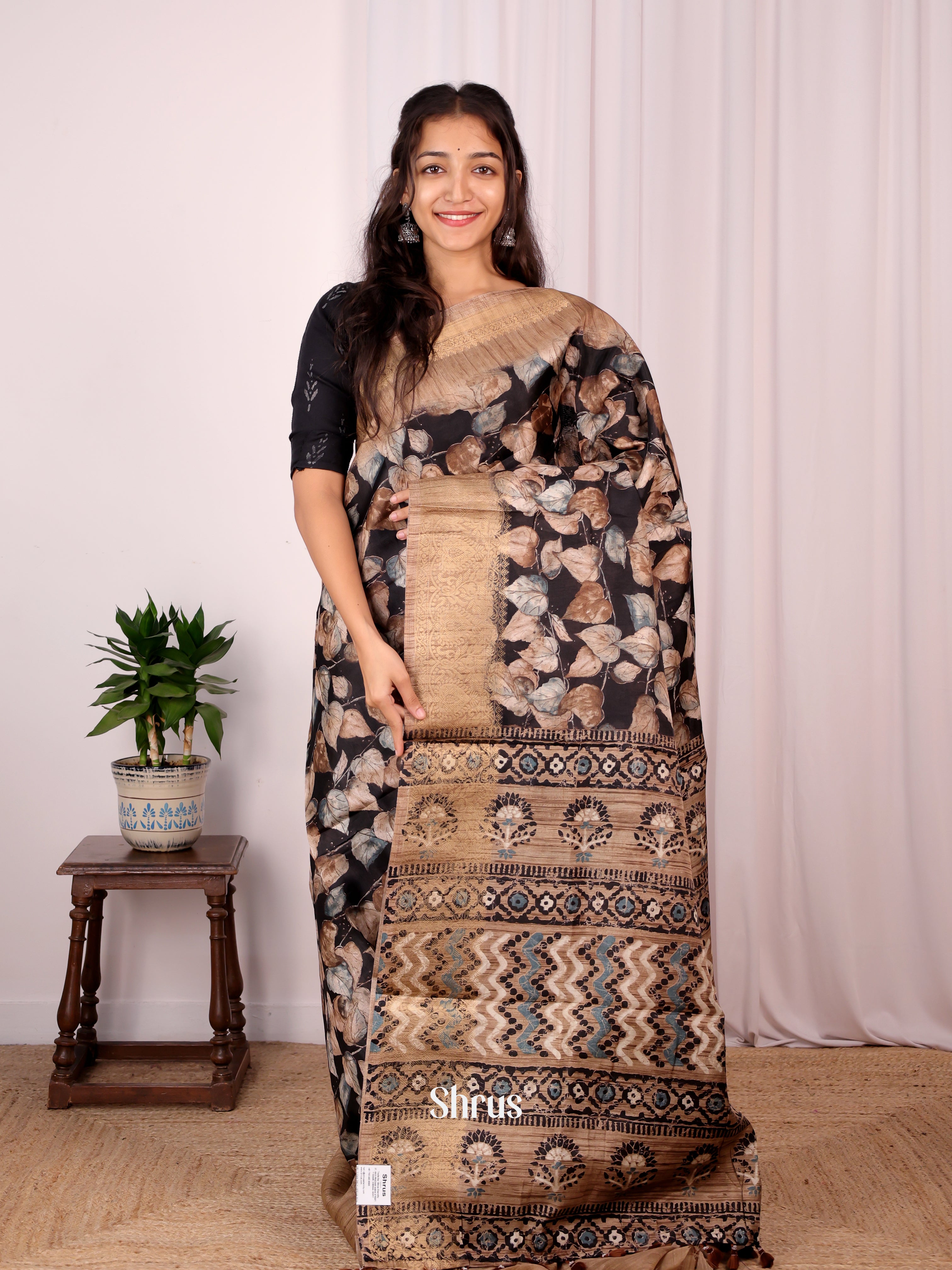 Black - Semi Dupion Saree - Shop on Shrus.com