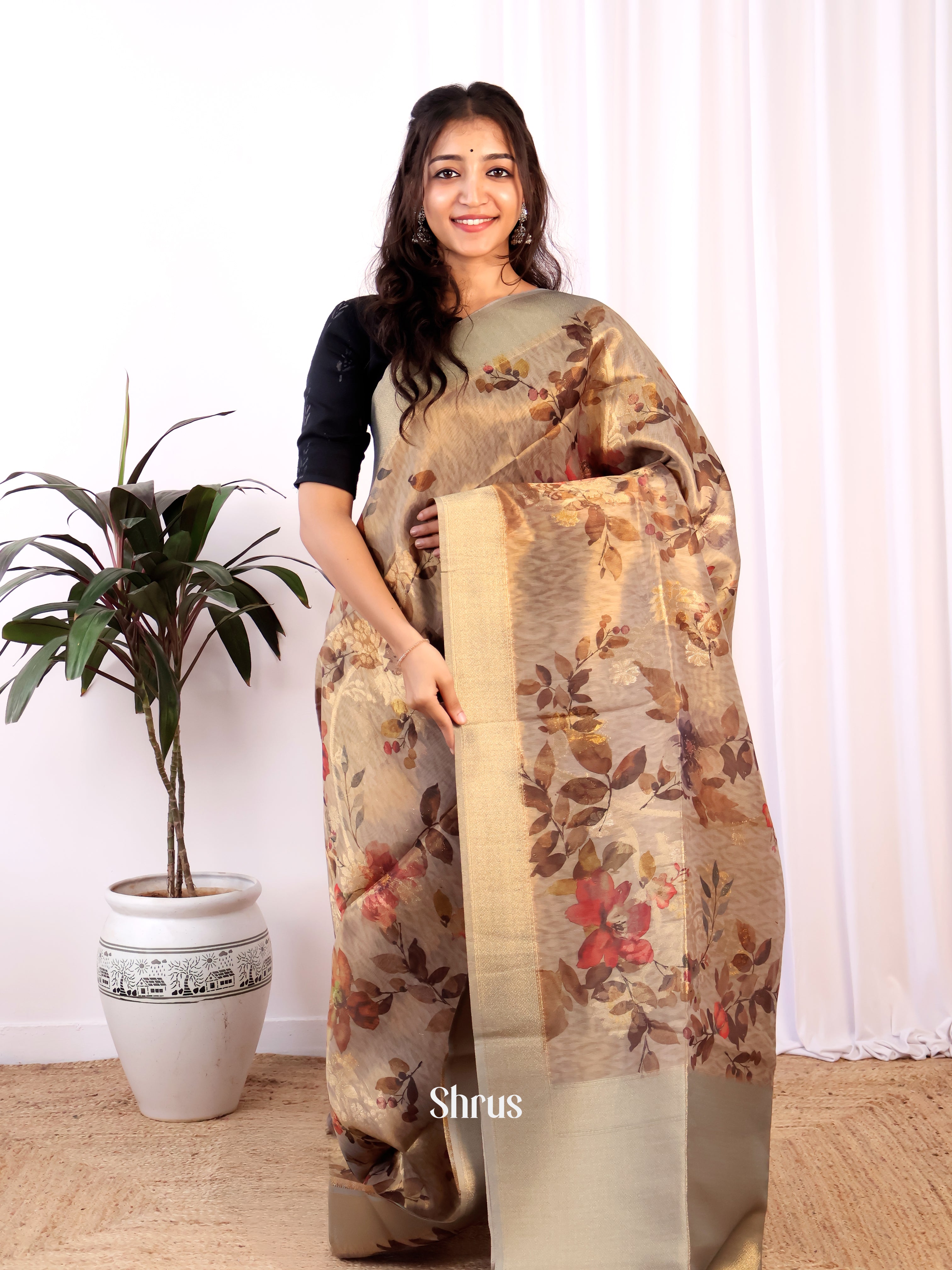 Grey - Semi Tissue Saree - Shop on Shrus.com