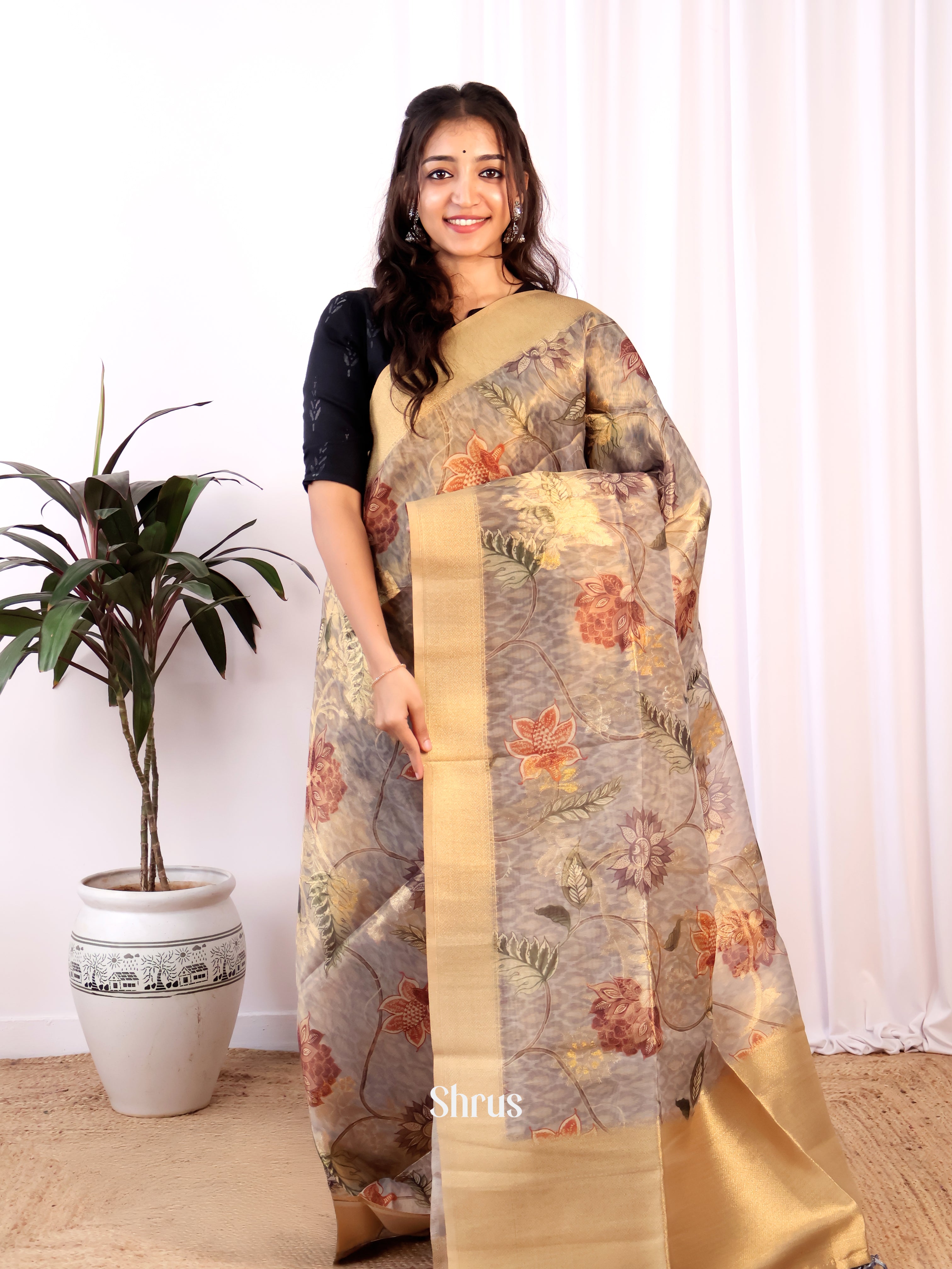 Grey - Semi Tissue Saree - Shop on Shrus.com