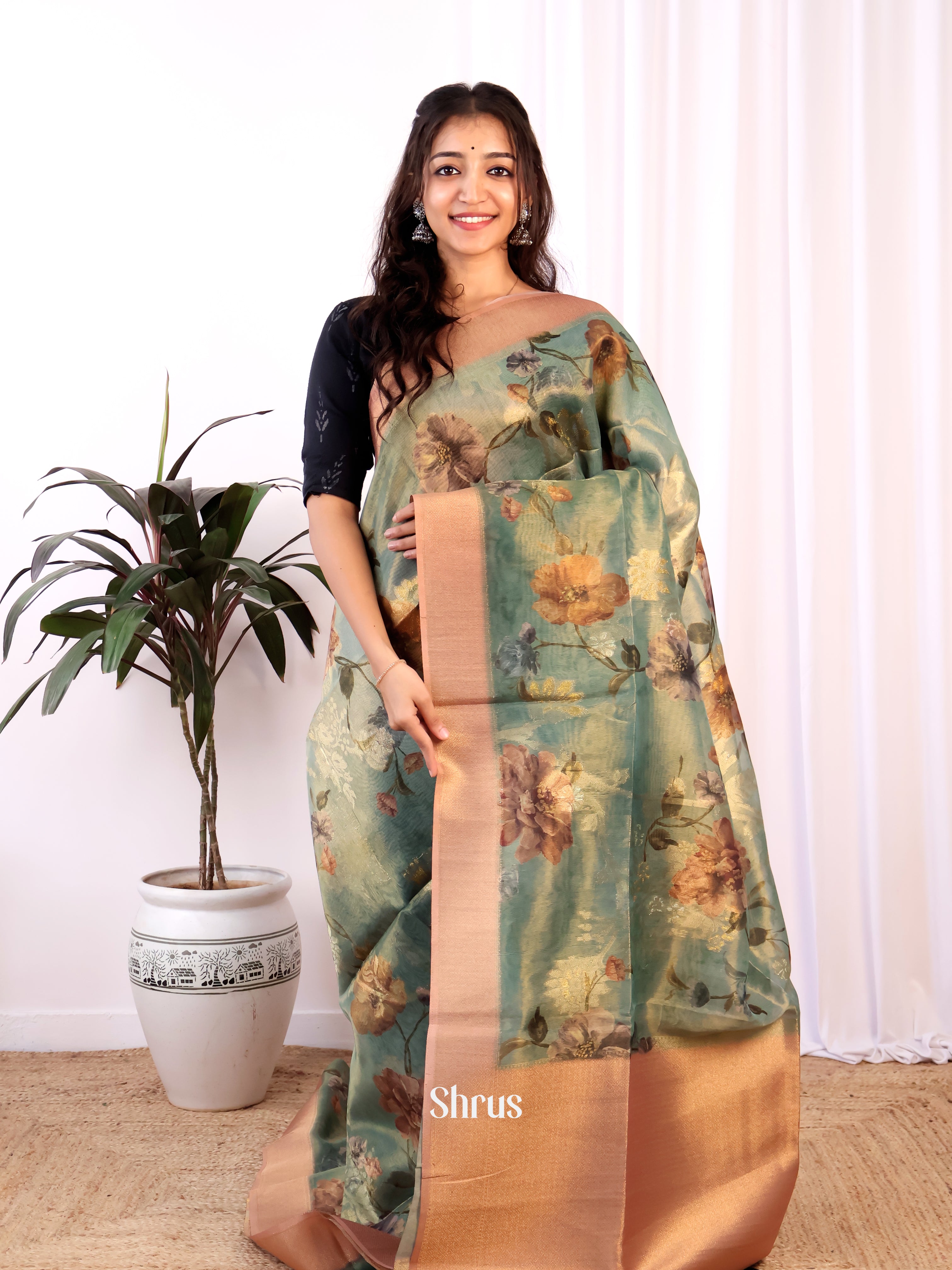 Green & Brown- Semi Tissue Saree - Shop on Shrus.com