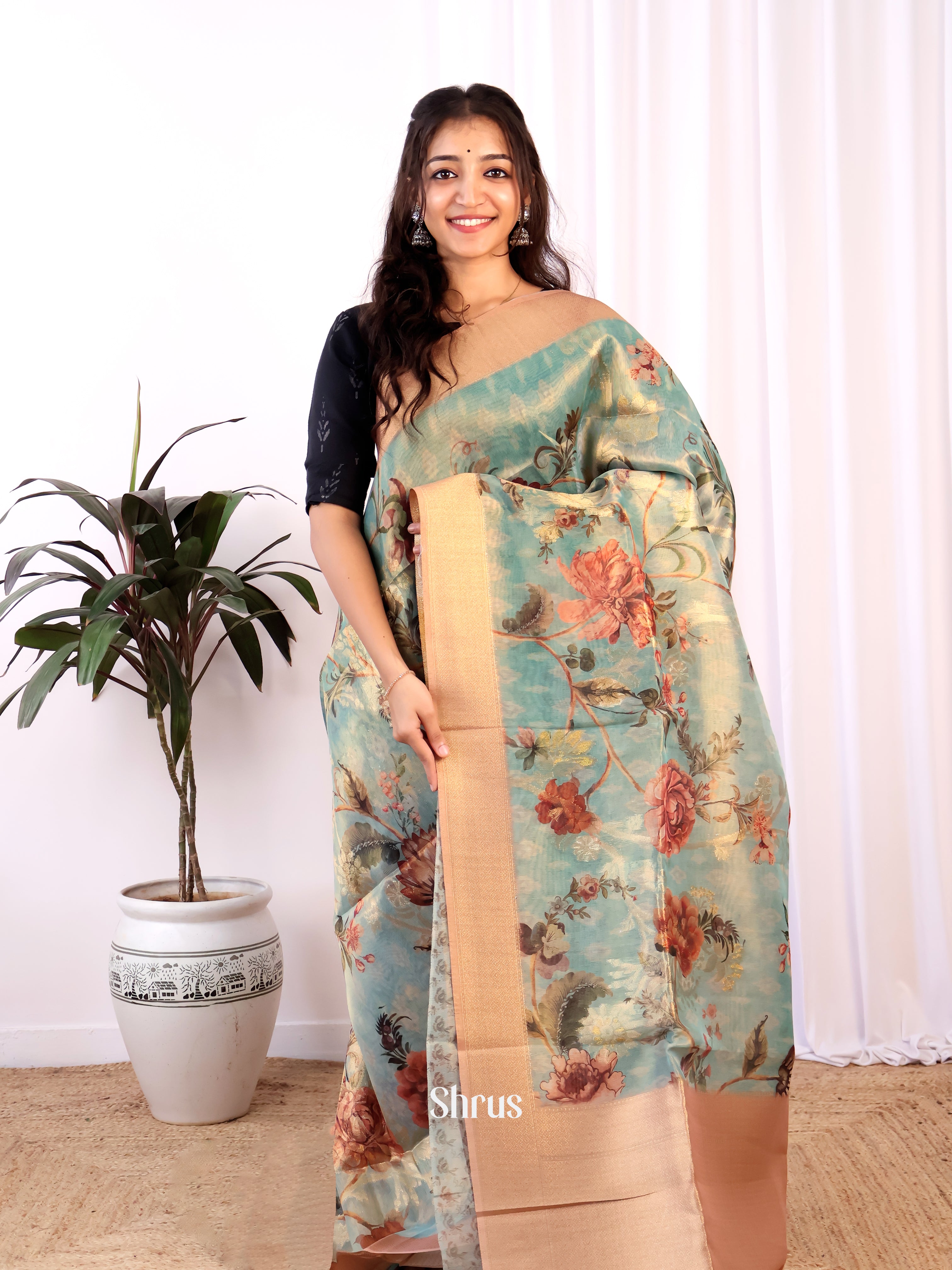 Blue & Peach - Semi Tissue Saree - Shop on Shrus.com