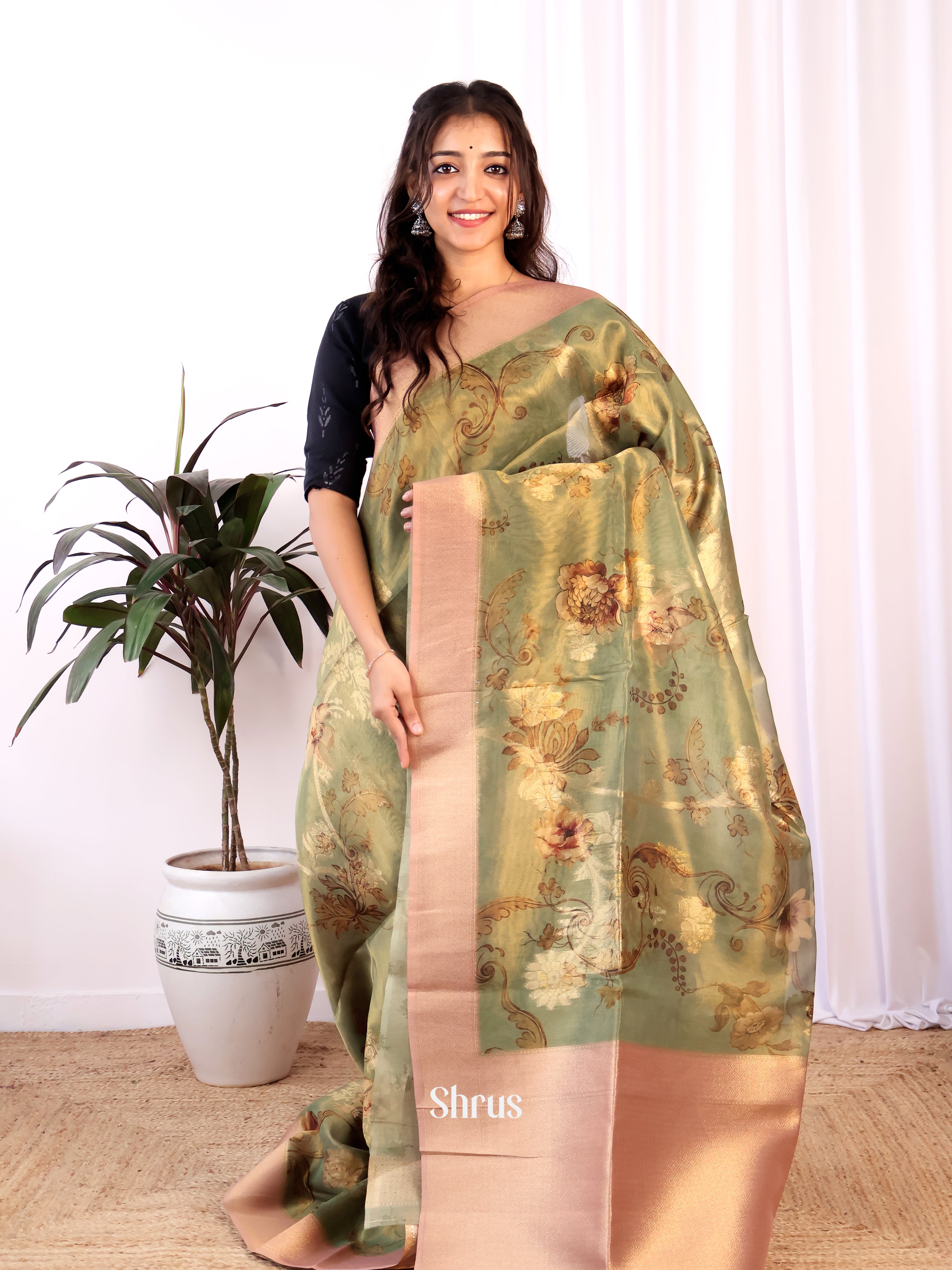 Green & Peach - Semi Tissue Saree - Shop on Shrus.com