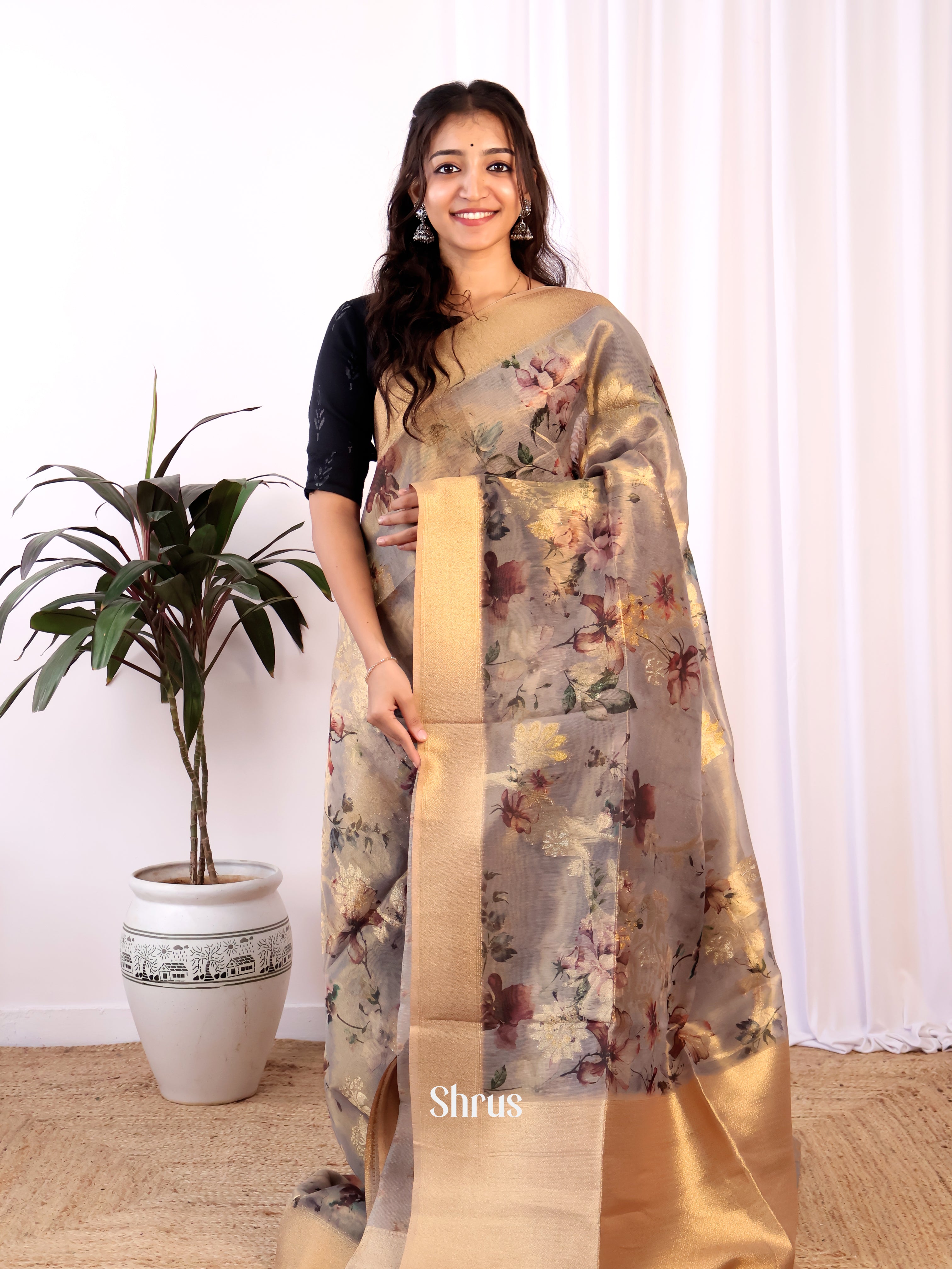Grey & Gold - Semi Tissue Saree - Shop on Shrus.com