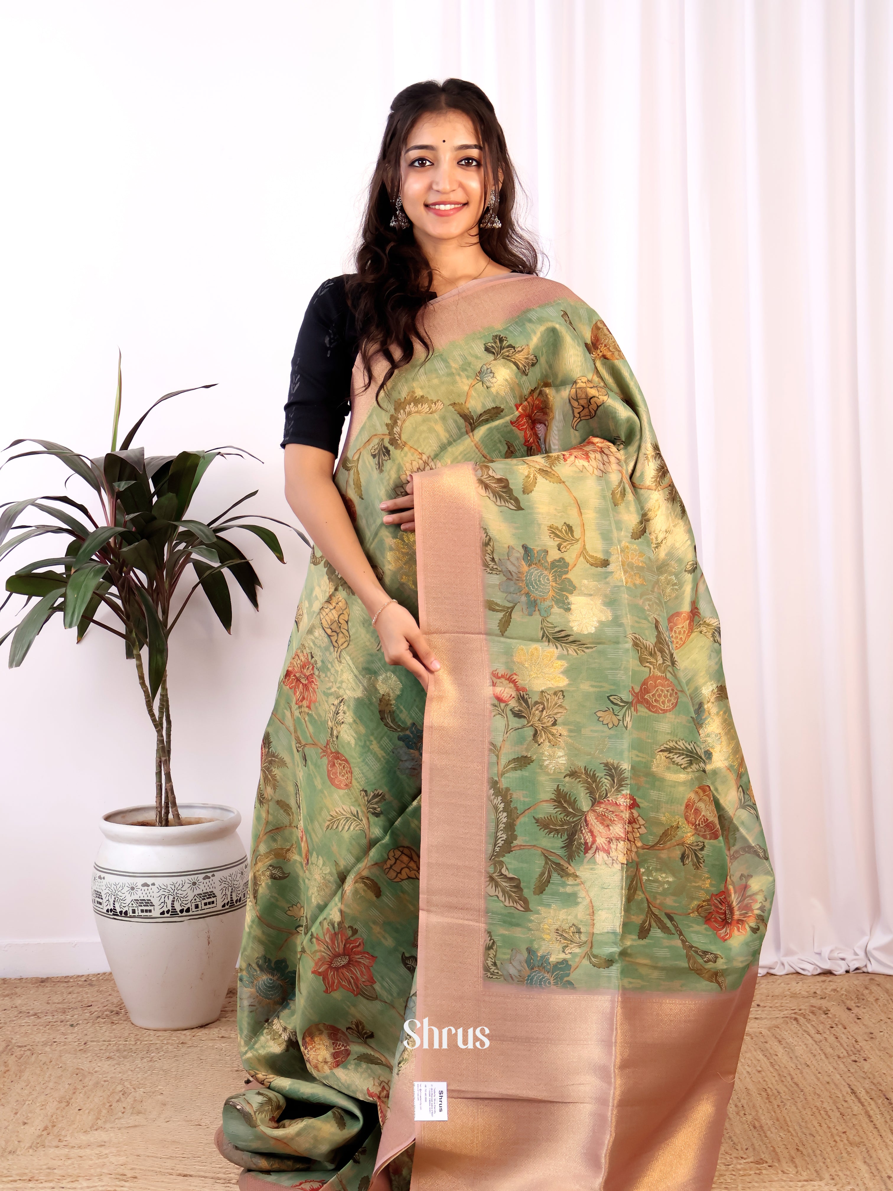 Green & Peach - Semi Tissue Saree - Shop on Shrus.com
