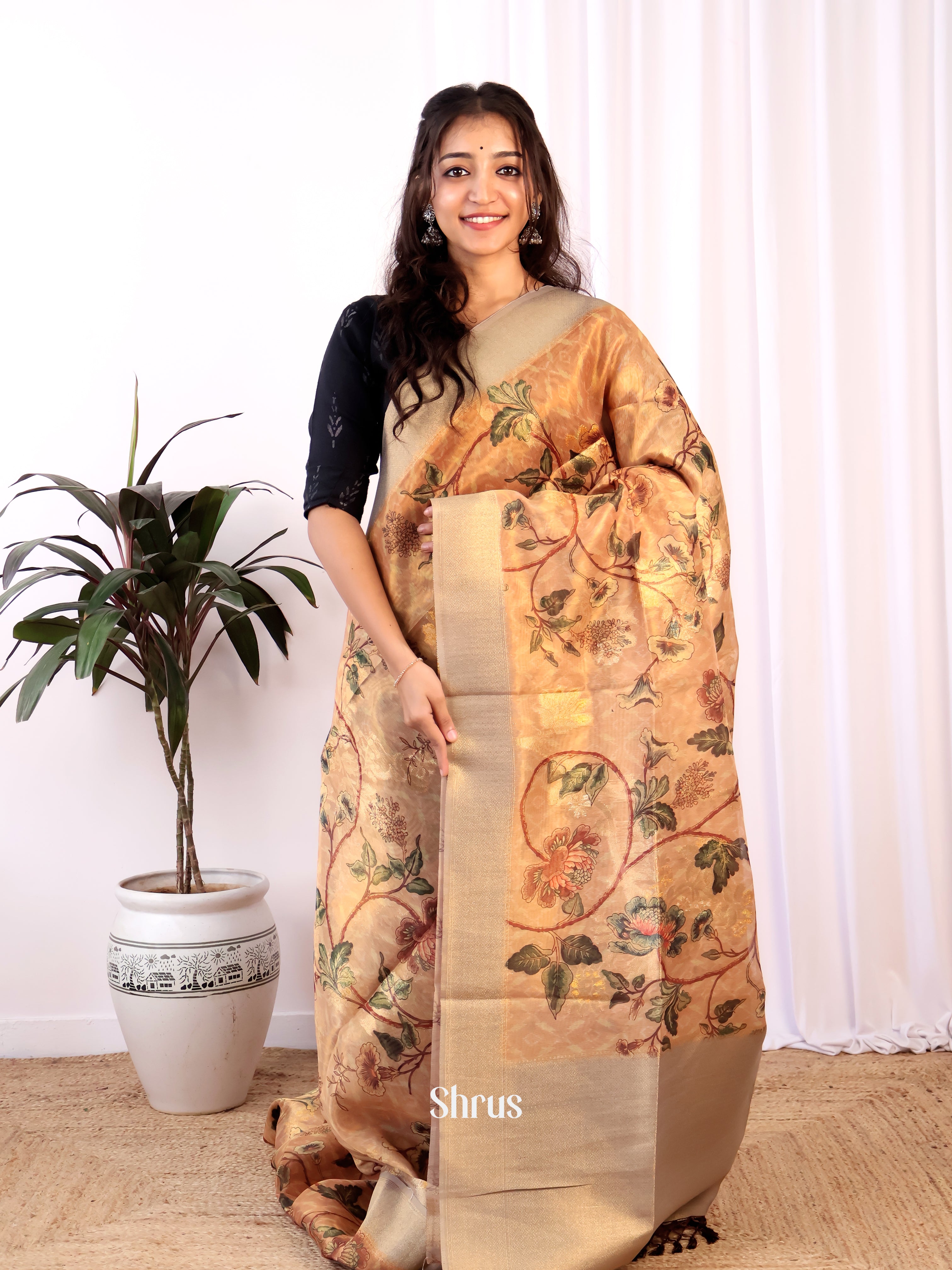 Peach & Beige - Semi Tissue Saree - Shop on Shrus.com