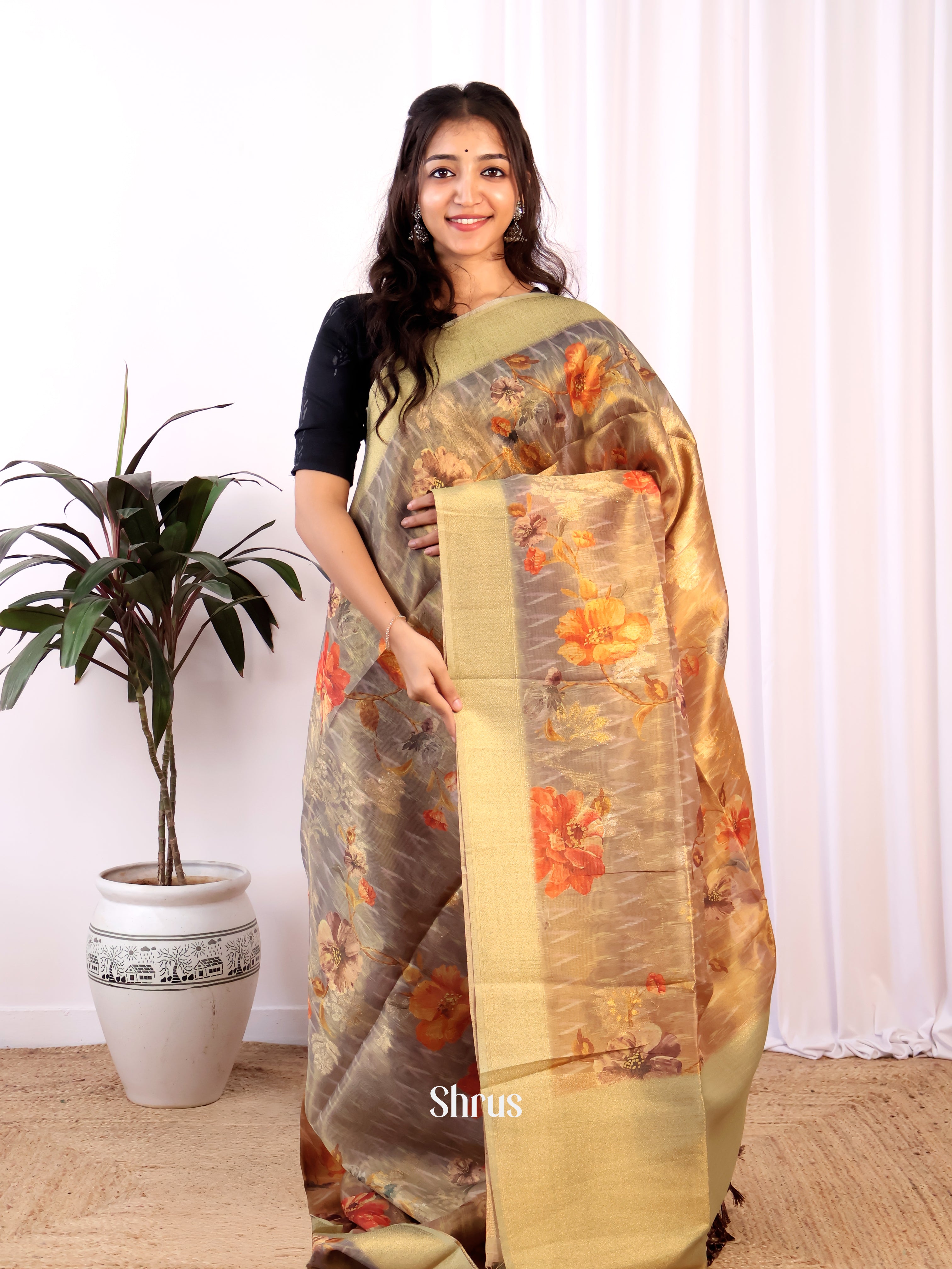 Grey - Semi Tissue Saree - Shop on Shrus.com