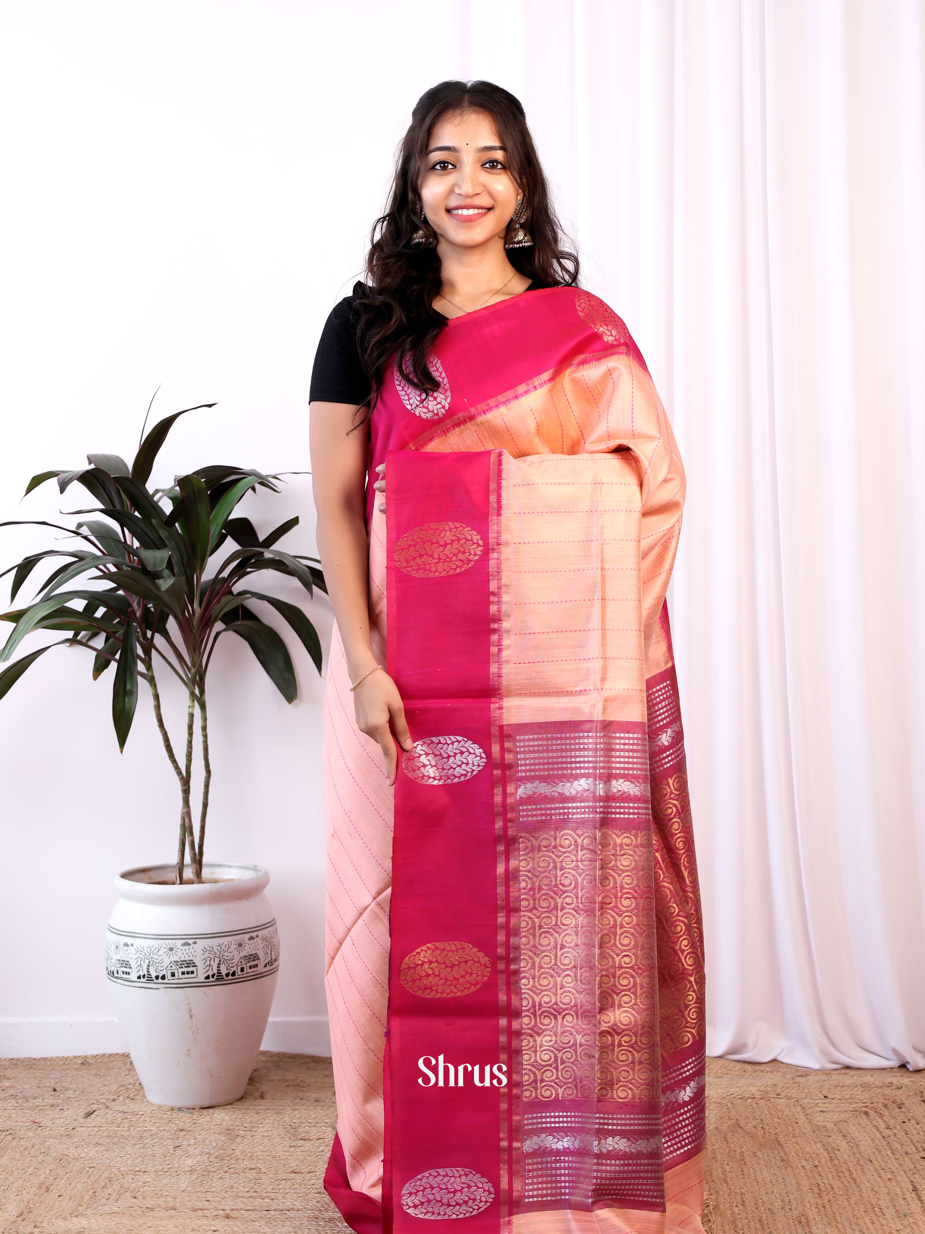Peach & Pink - Raw Silk Saree - Shop on Shrus.com