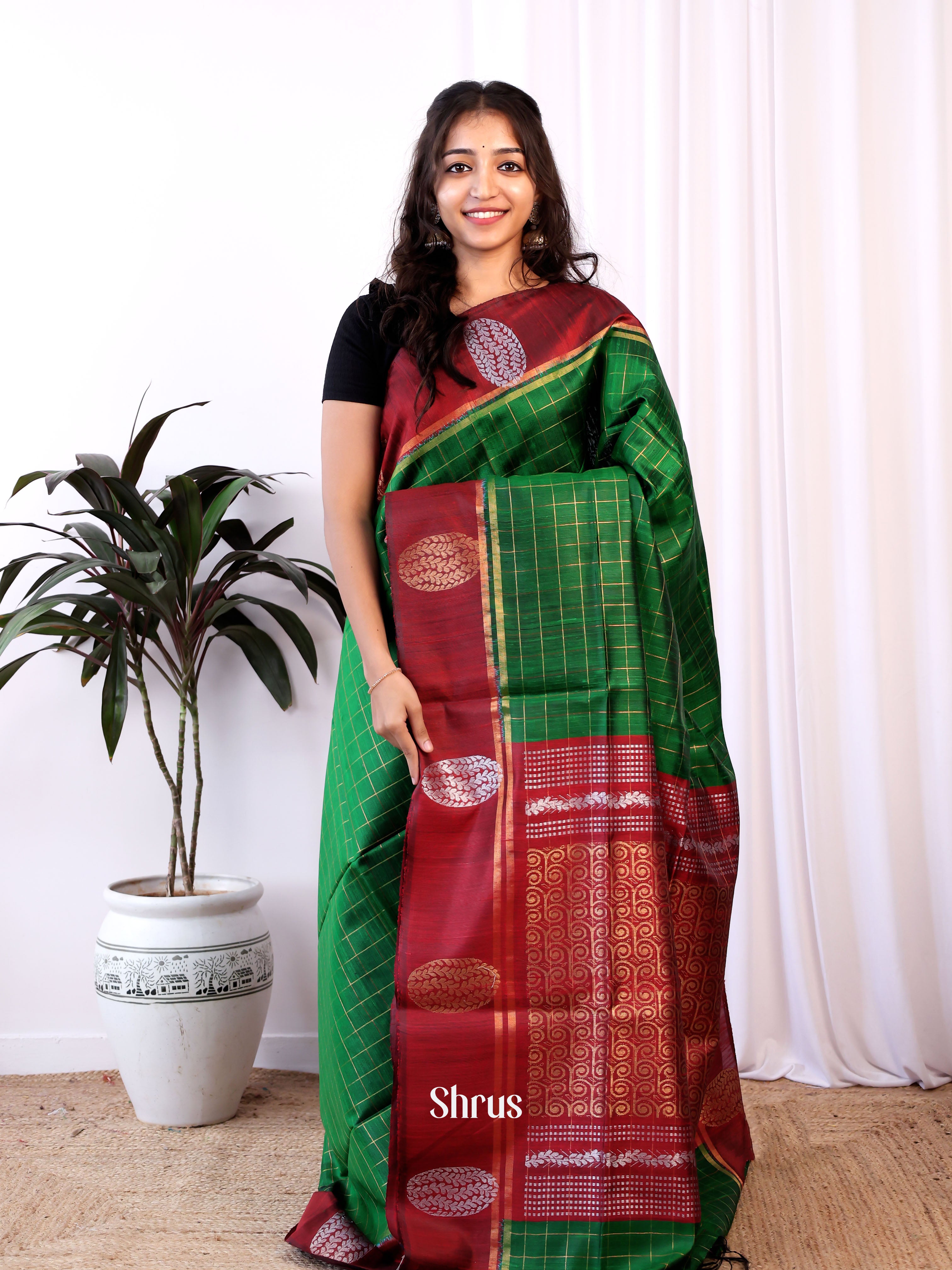 Green & Maroon - Raw Silk Saree - Shop on Shrus.com