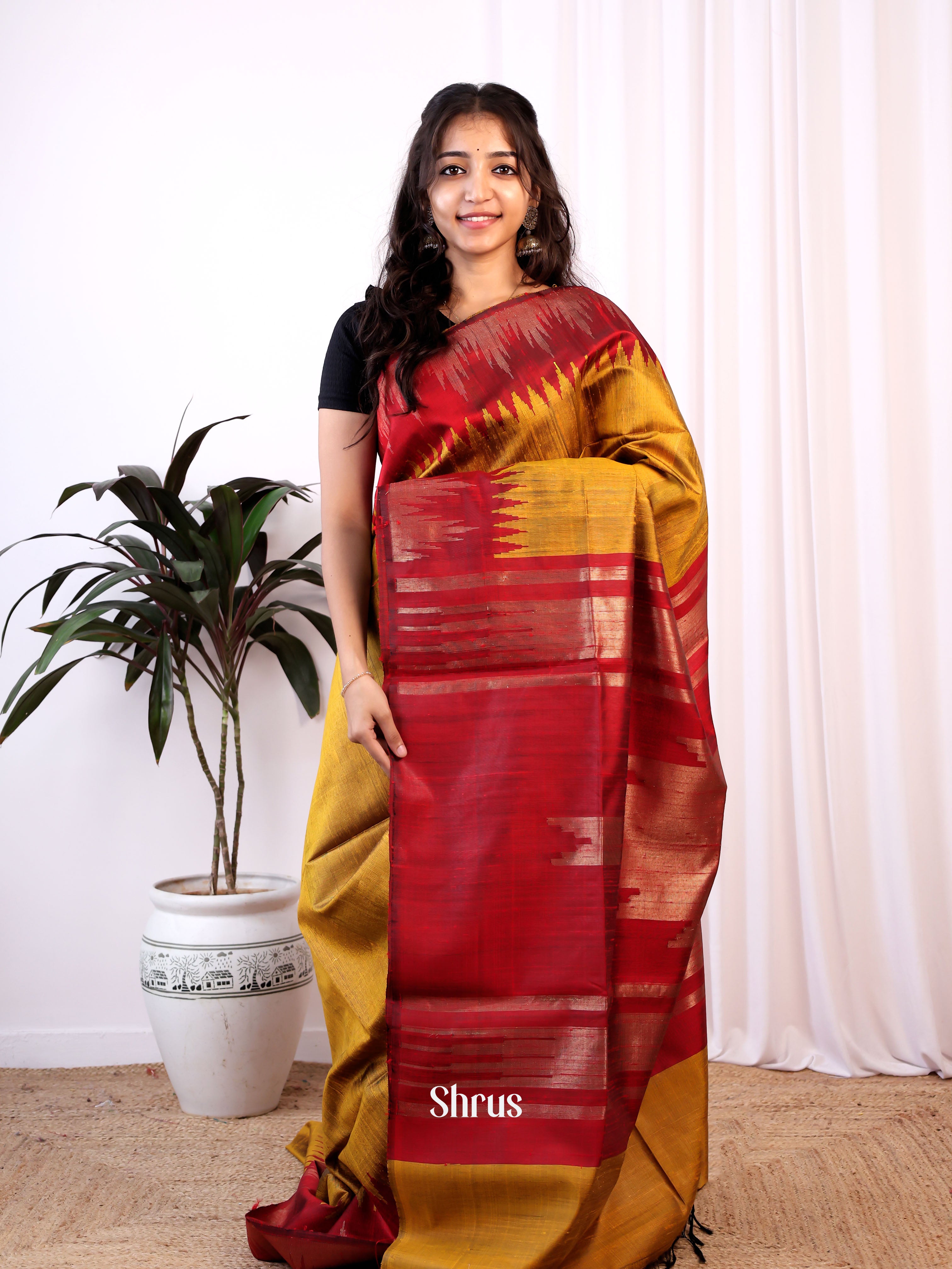 Mustard & Maroon- Raw Silk Saree - Shop on Shrus.com
