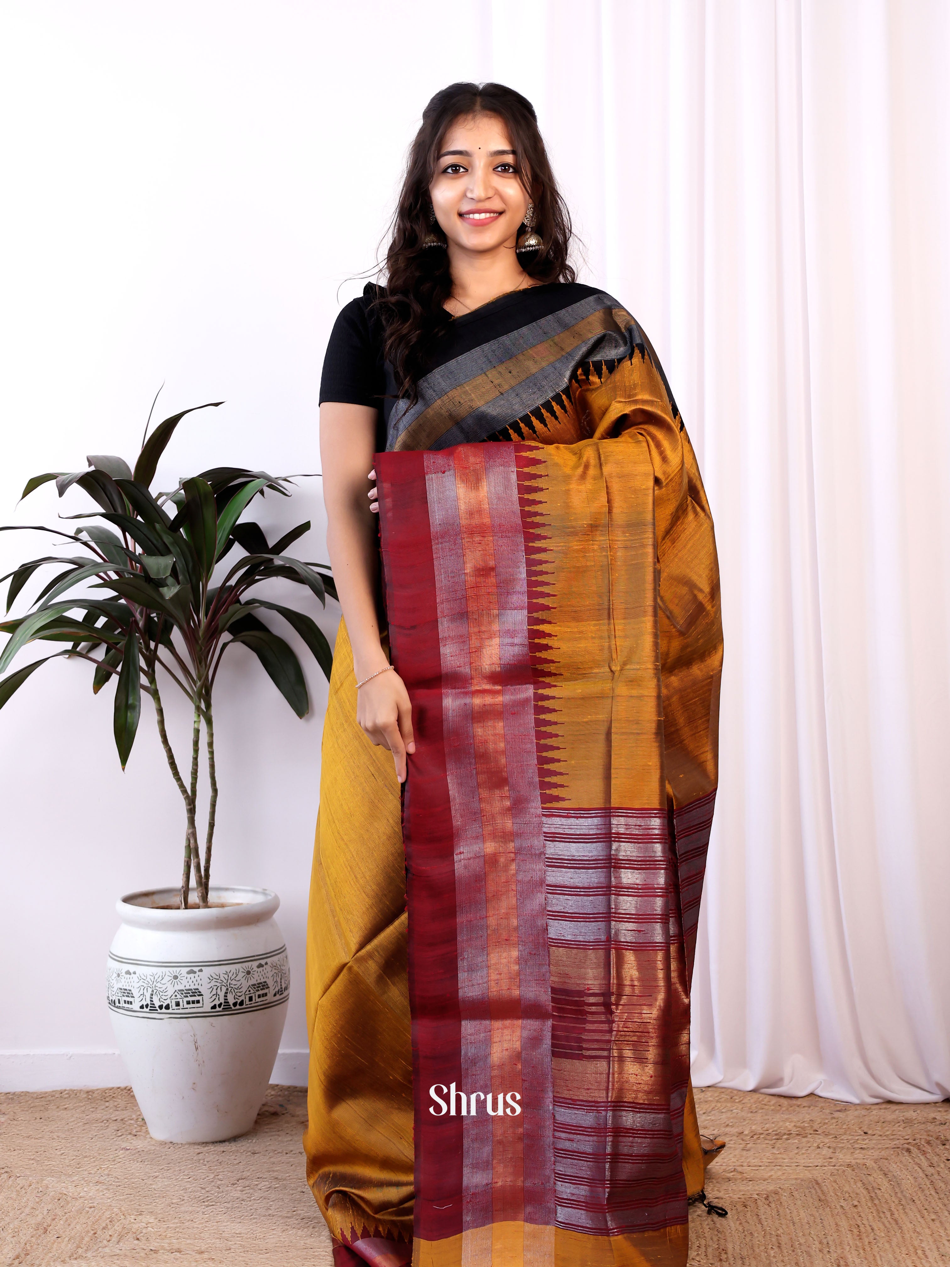 Mustard & Maroon - Raw Silk Saree - Shop on Shrus.com