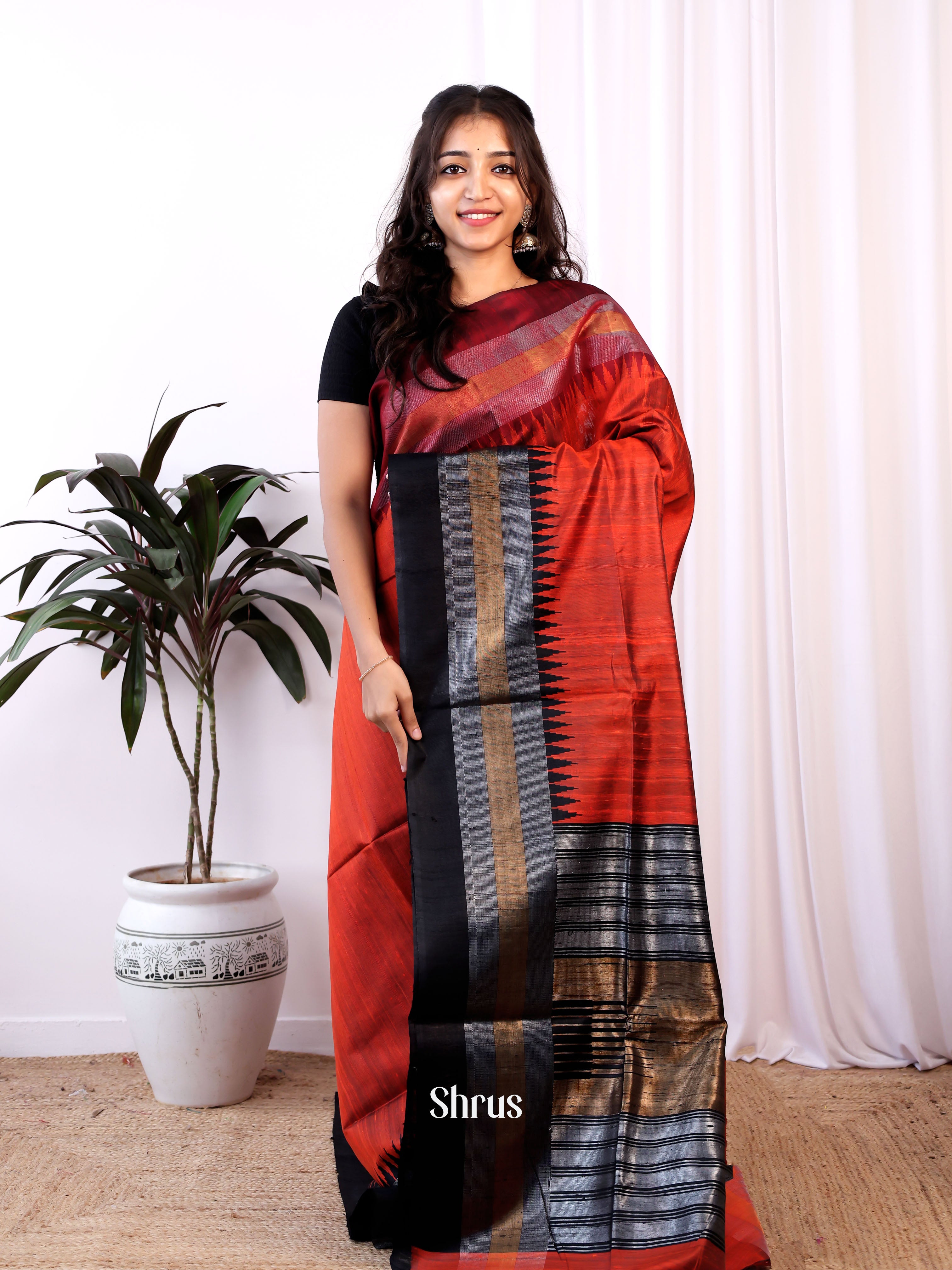Red & Black - Raw Silk Saree - Shop on Shrus.com