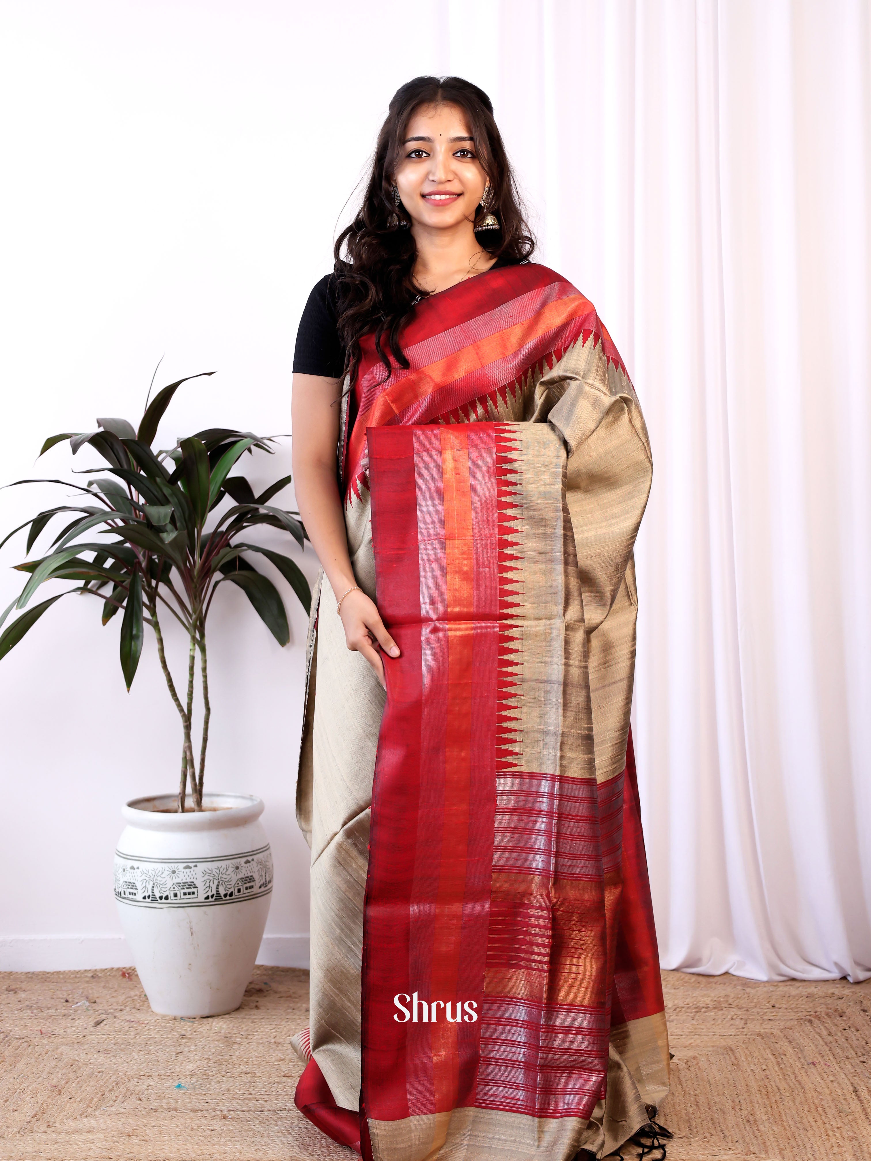 Grey & Maroon- Raw Silk Saree - Shop on Shrus.com
