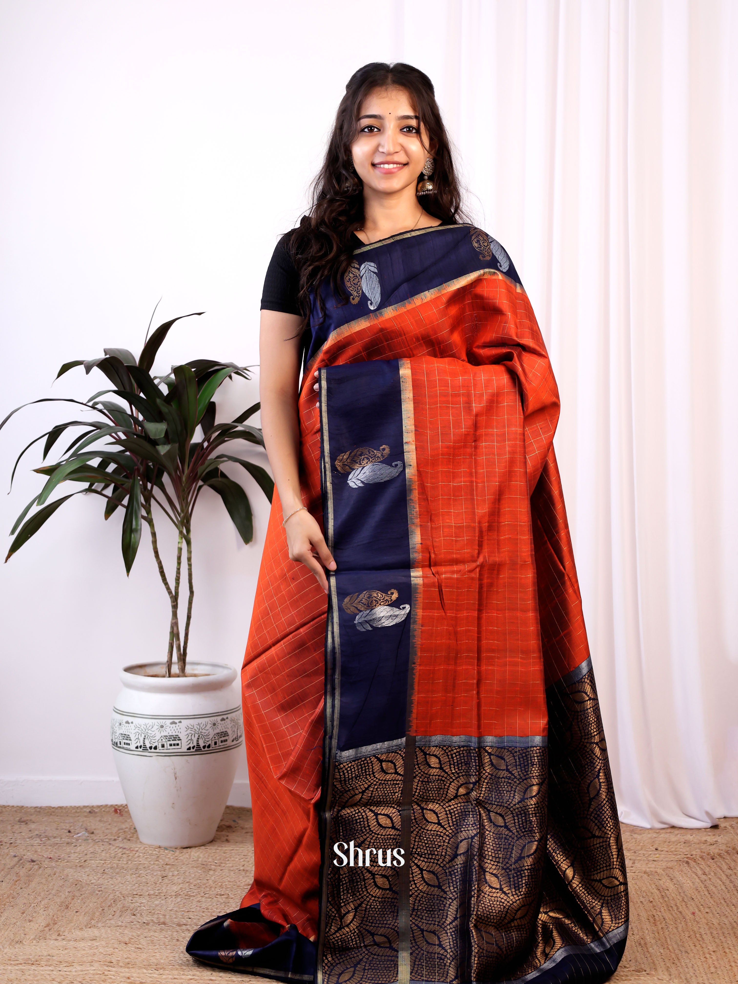 Orange & Blue- Raw Silk Saree - Shop on Shrus.com