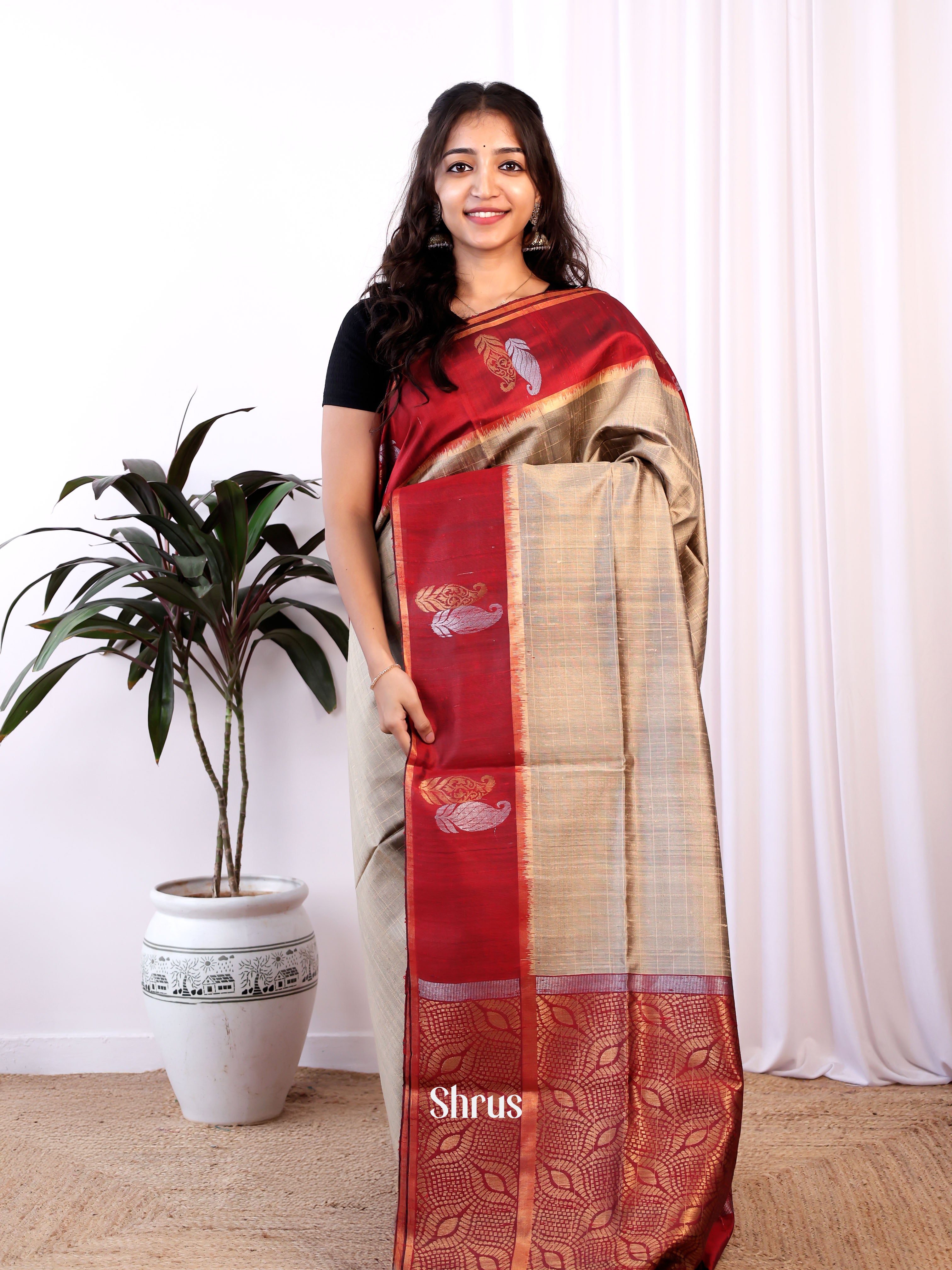Grey & Maroon - Raw Silk Saree - Shop on Shrus.com