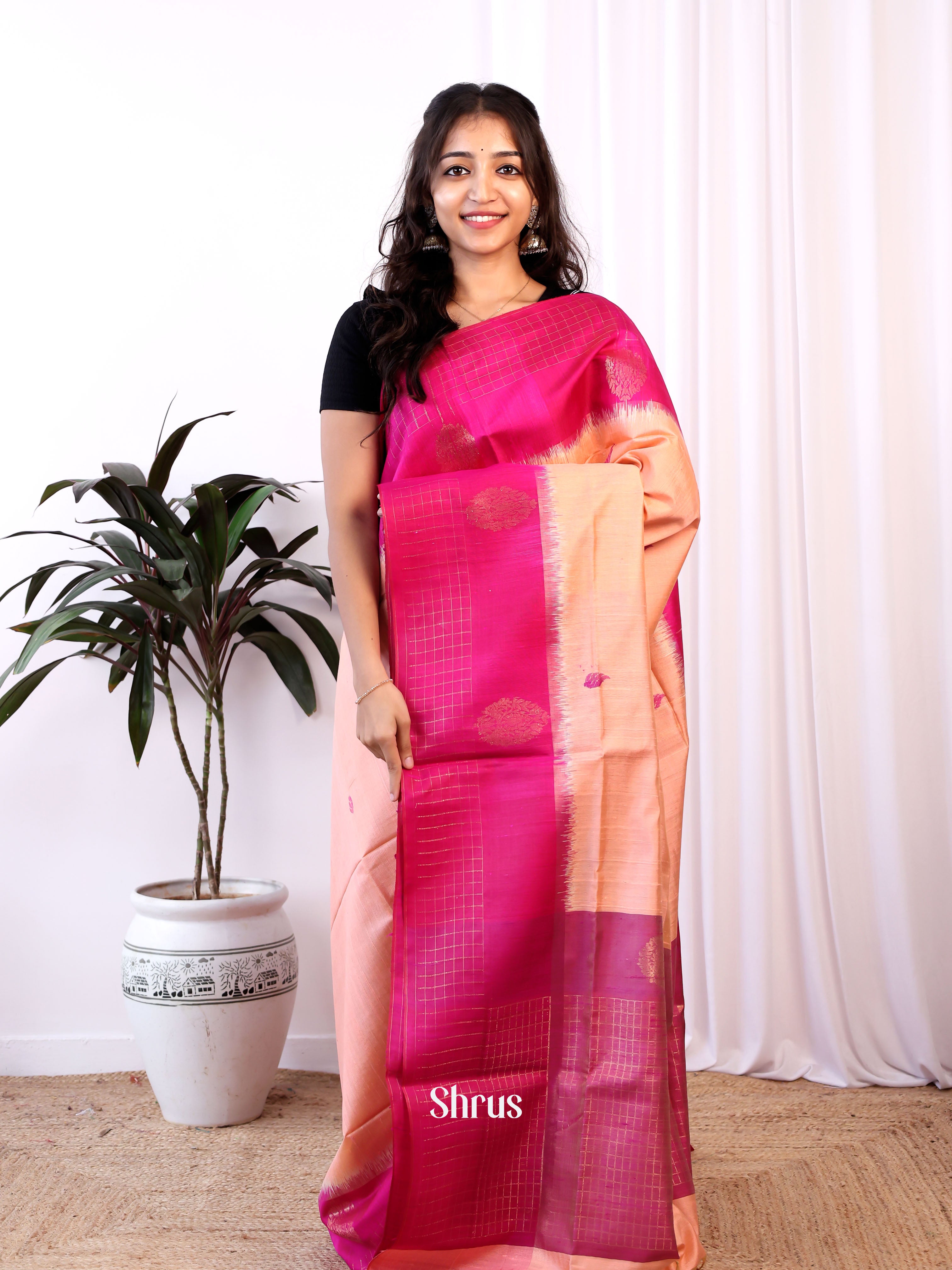Peach & Pink - Raw Silk Saree - Shop on Shrus.com