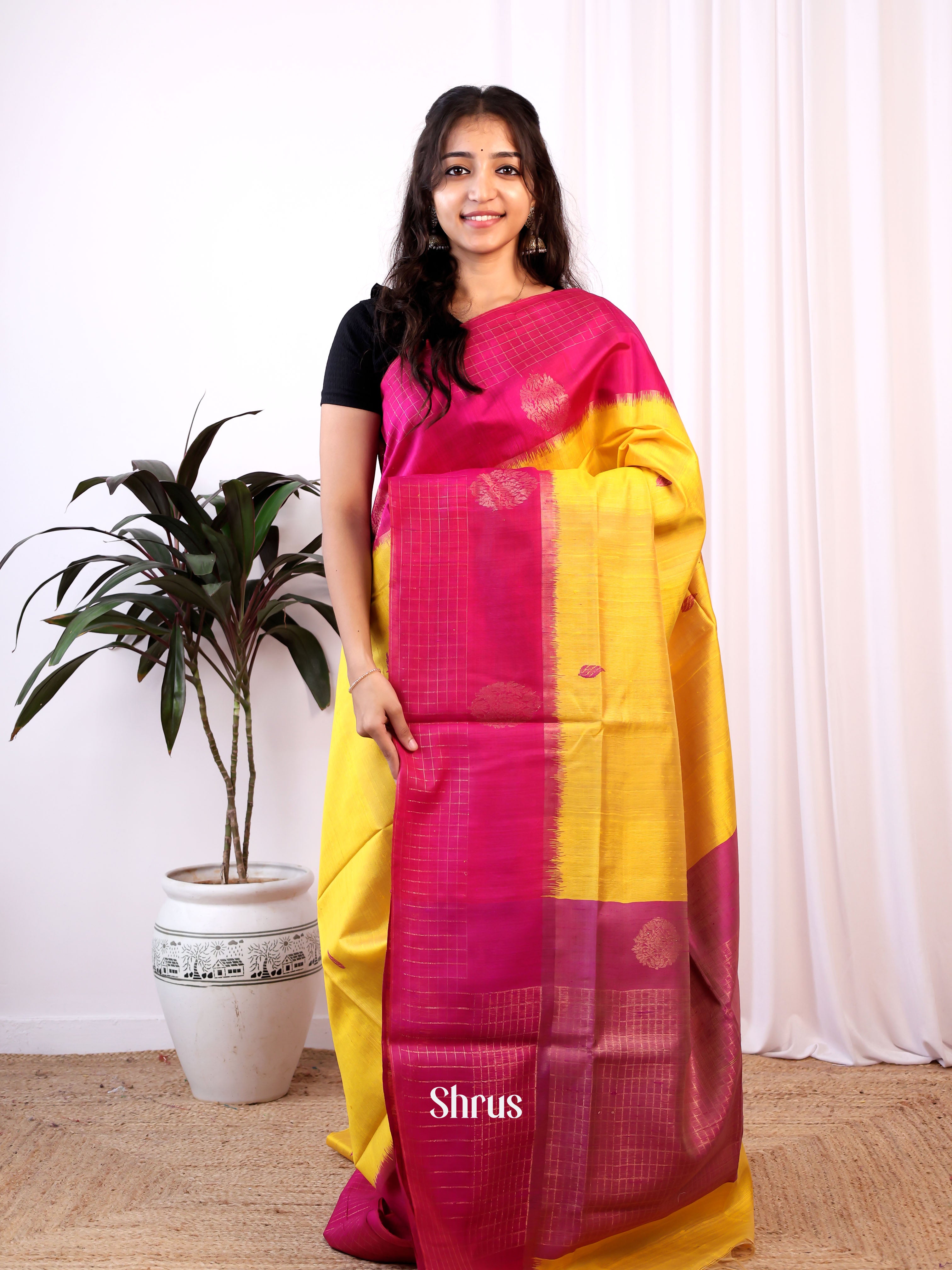 Yellow & Pink- Raw Silk Saree - Shop on Shrus.com