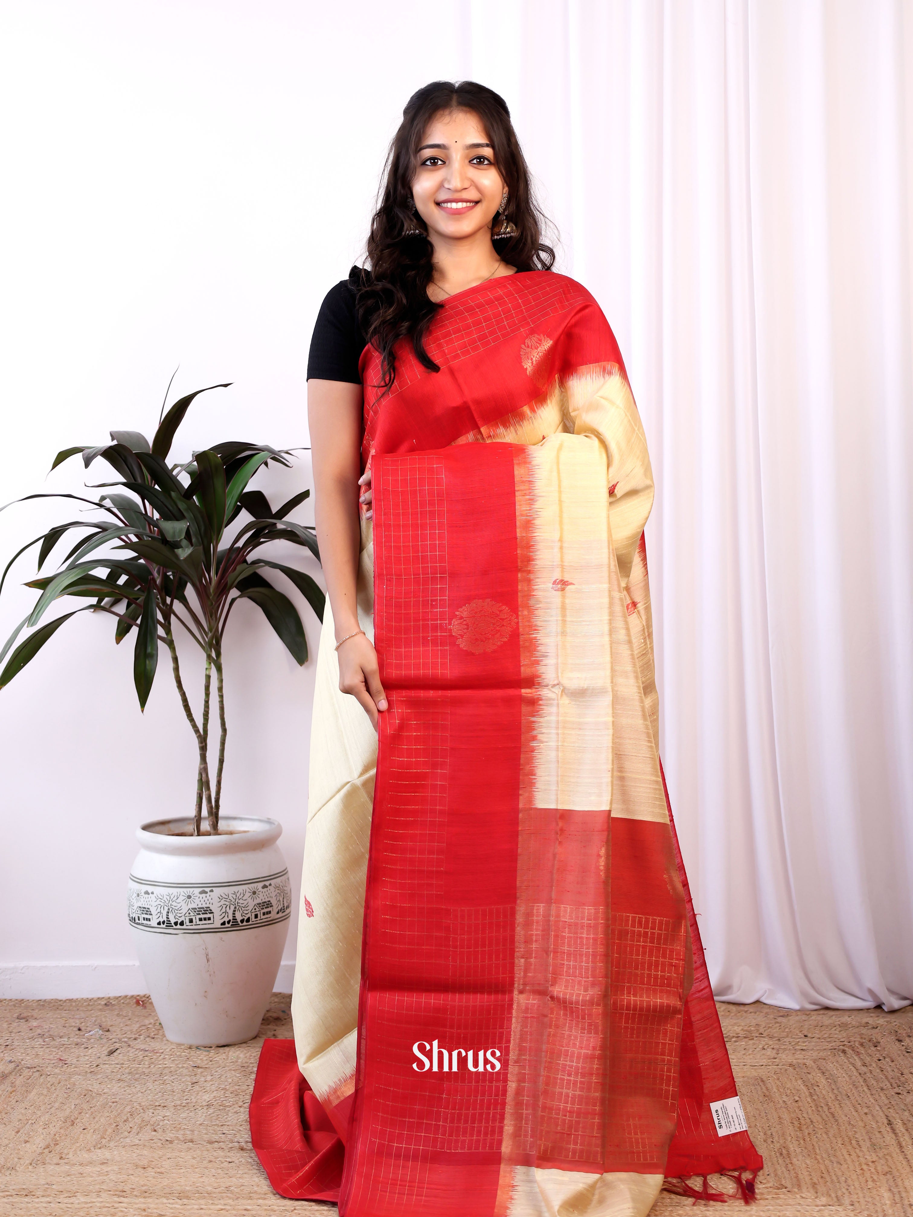 Cream & Red - Raw Silk Saree - Shop on Shrus.com