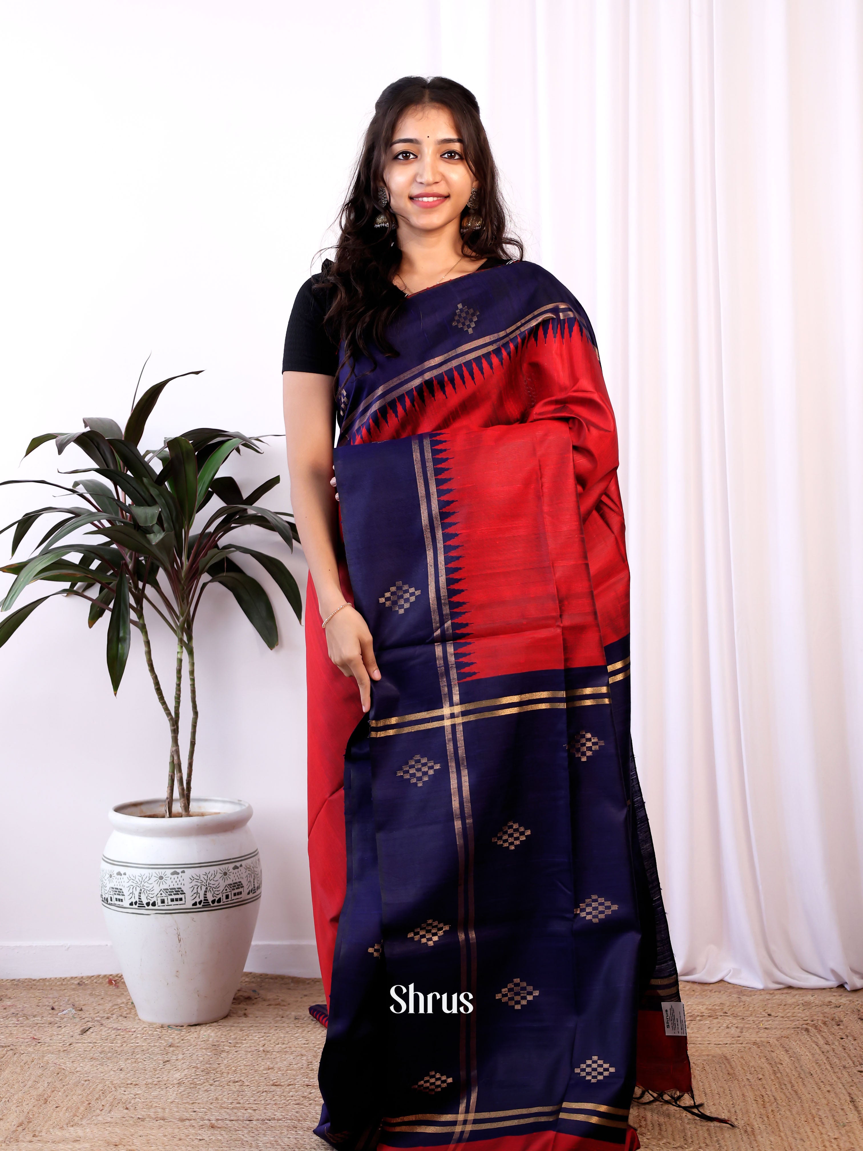 Red & Blue - Raw Silk Saree - Shop on Shrus.com