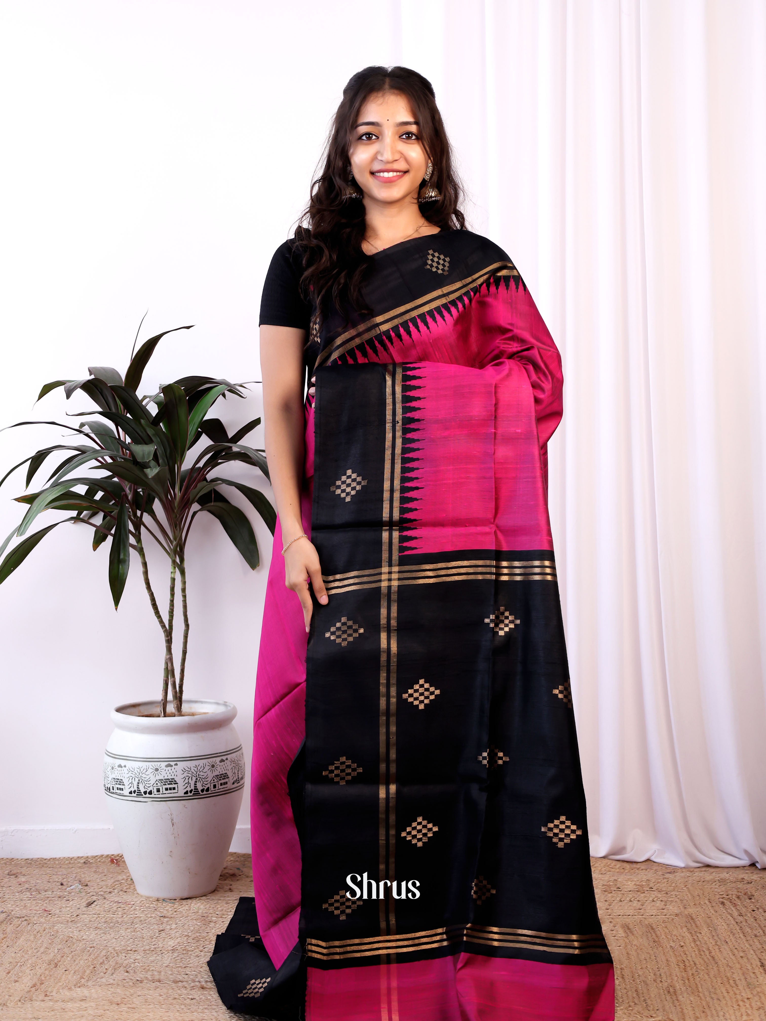 Pink & Black - Raw Silk Saree - Shop on Shrus.com