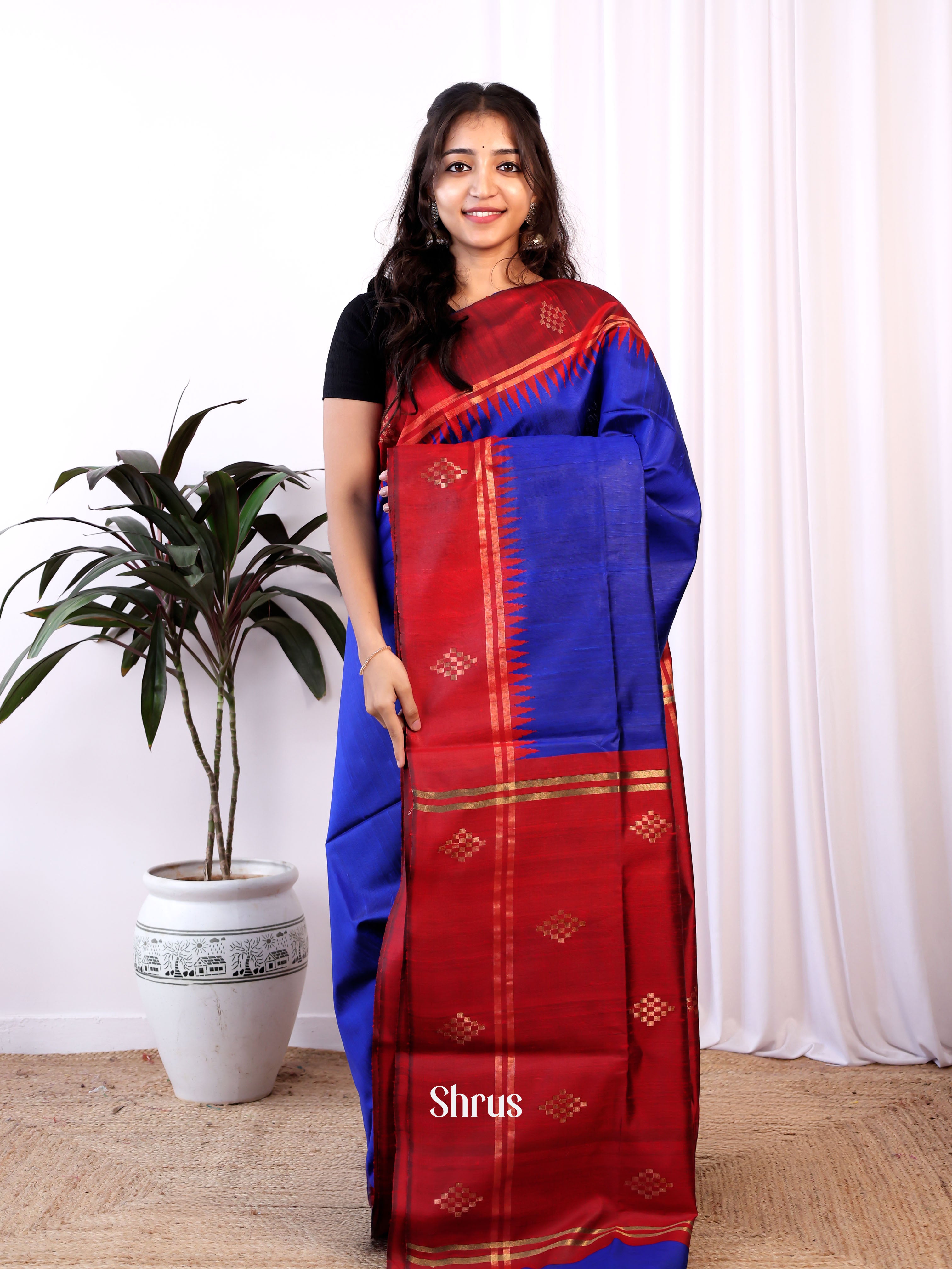 Blue & Red - Raw Silk Saree - Shop on Shrus.com