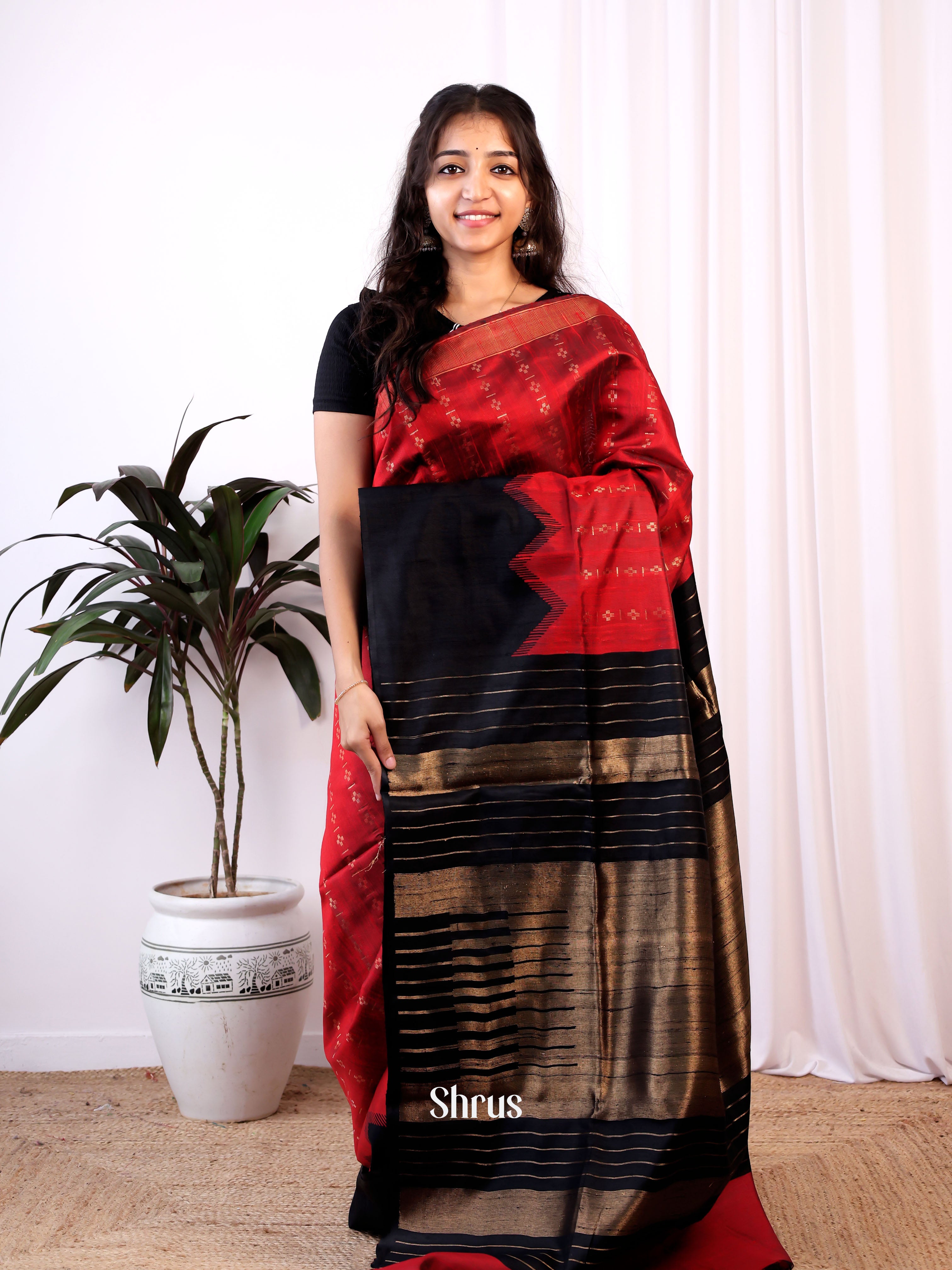 Red & Black - Raw Silk Saree - Shop on Shrus.com
