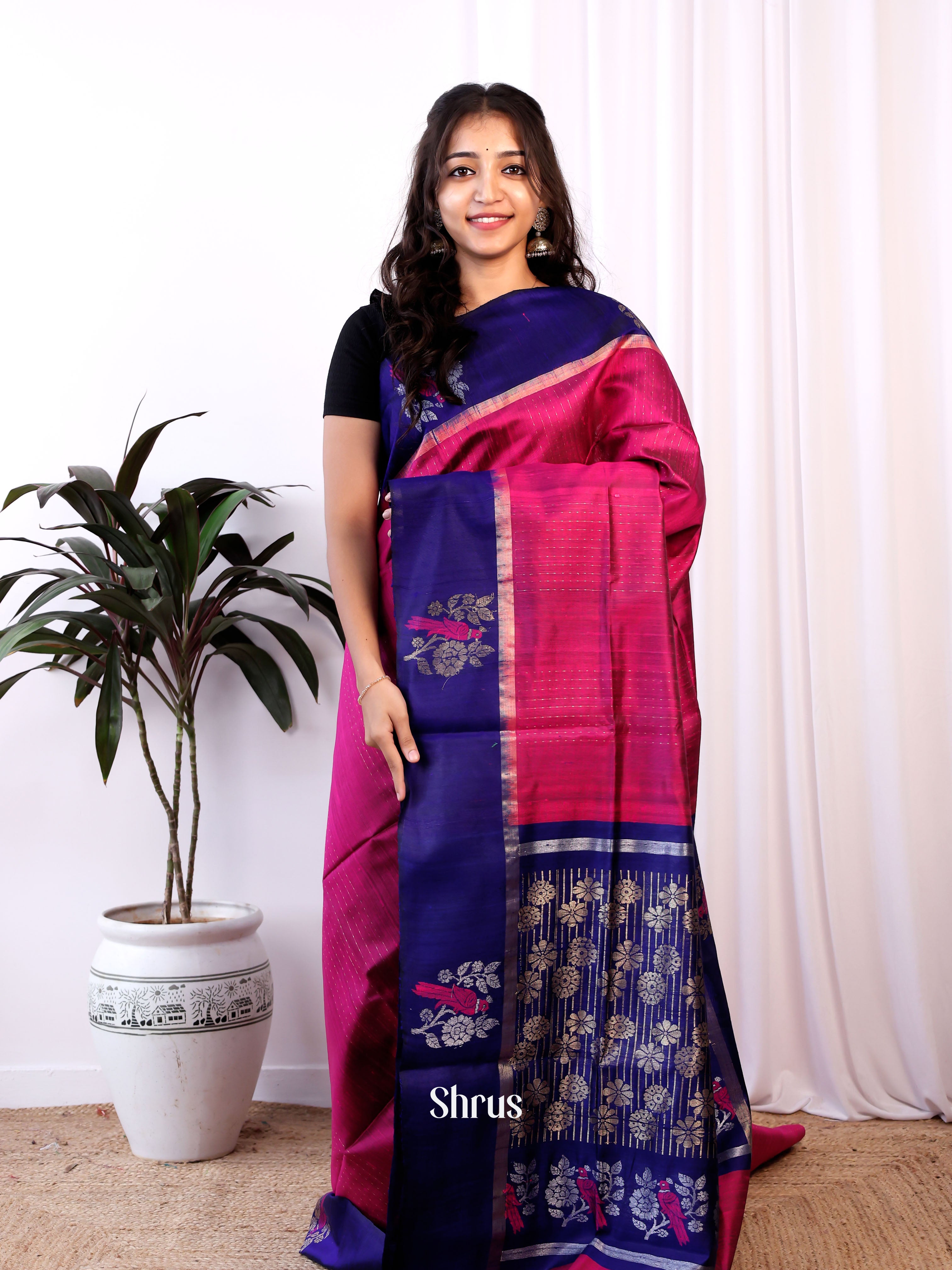 Majenta & Blue- Raw Silk Saree - Shop on Shrus.com