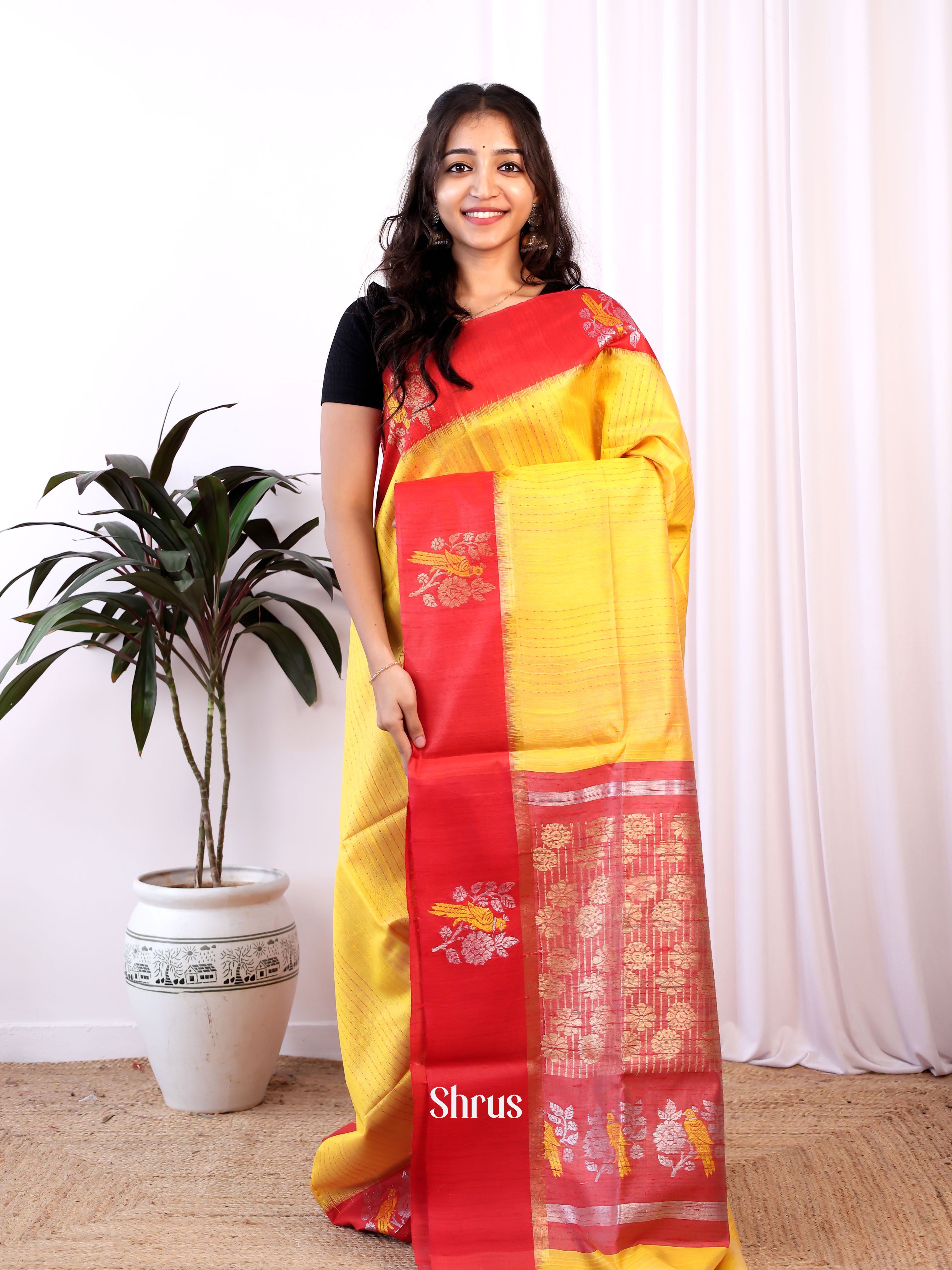 Yellow & Red- Raw Silk Saree - Shop on Shrus.com