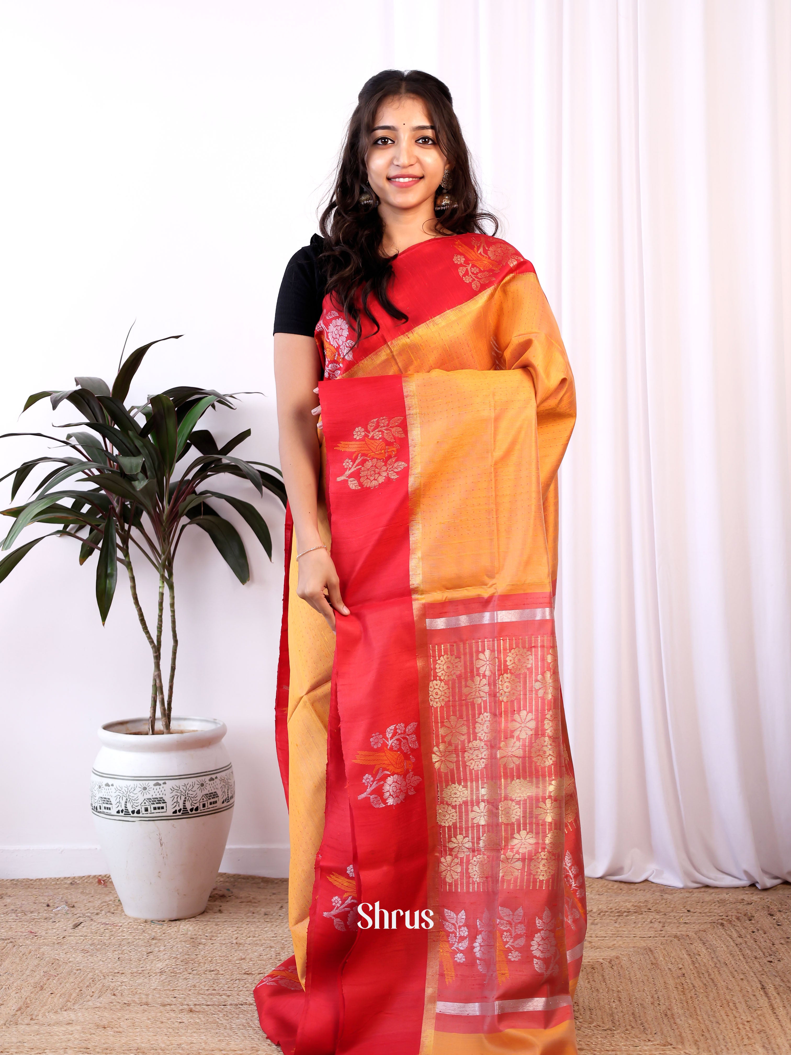 Orange & Red- Raw Silk Saree - Shop on Shrus.com