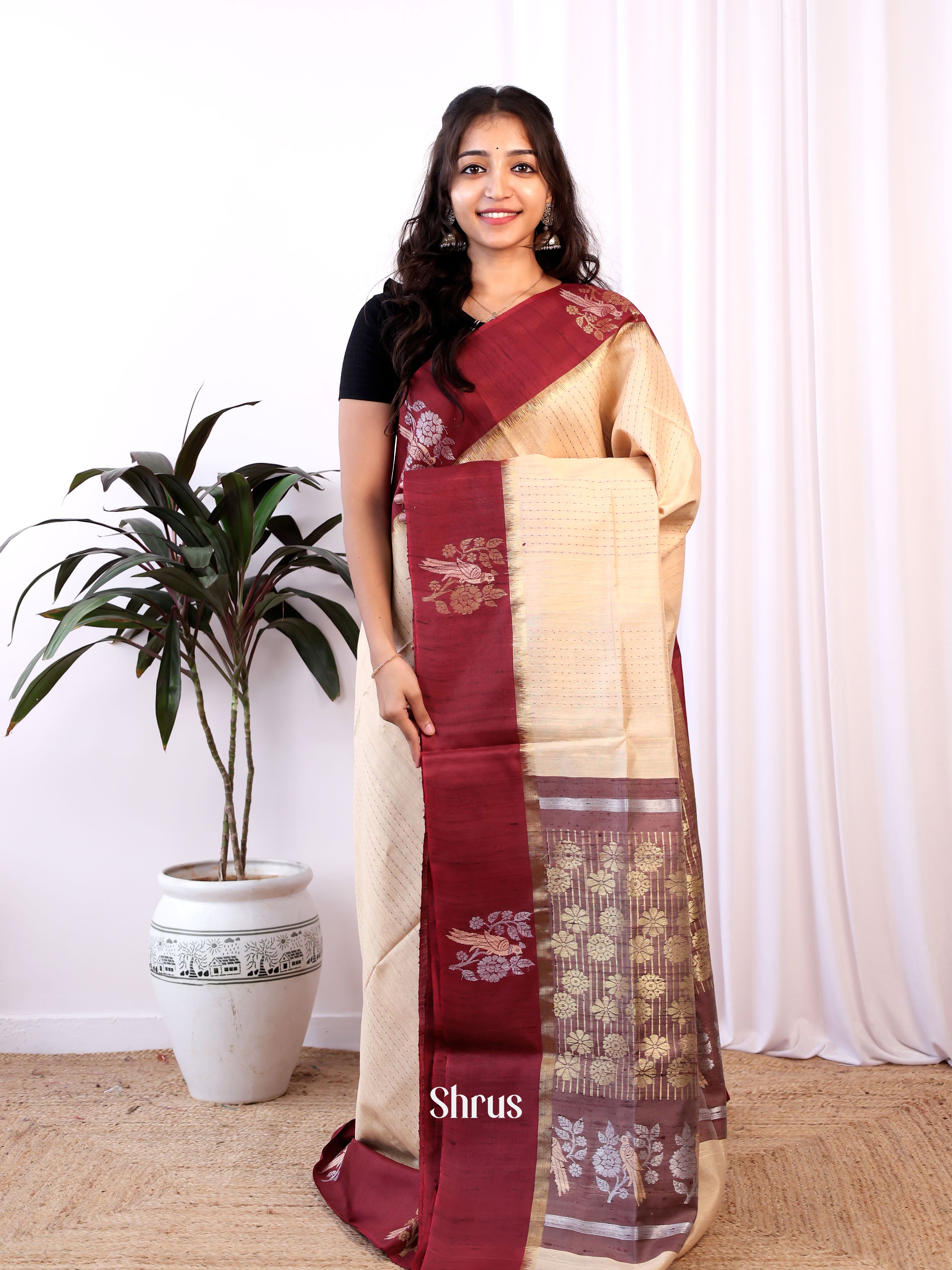 Cream & Maroon- Raw Silk Saree - Shop on Shrus.com