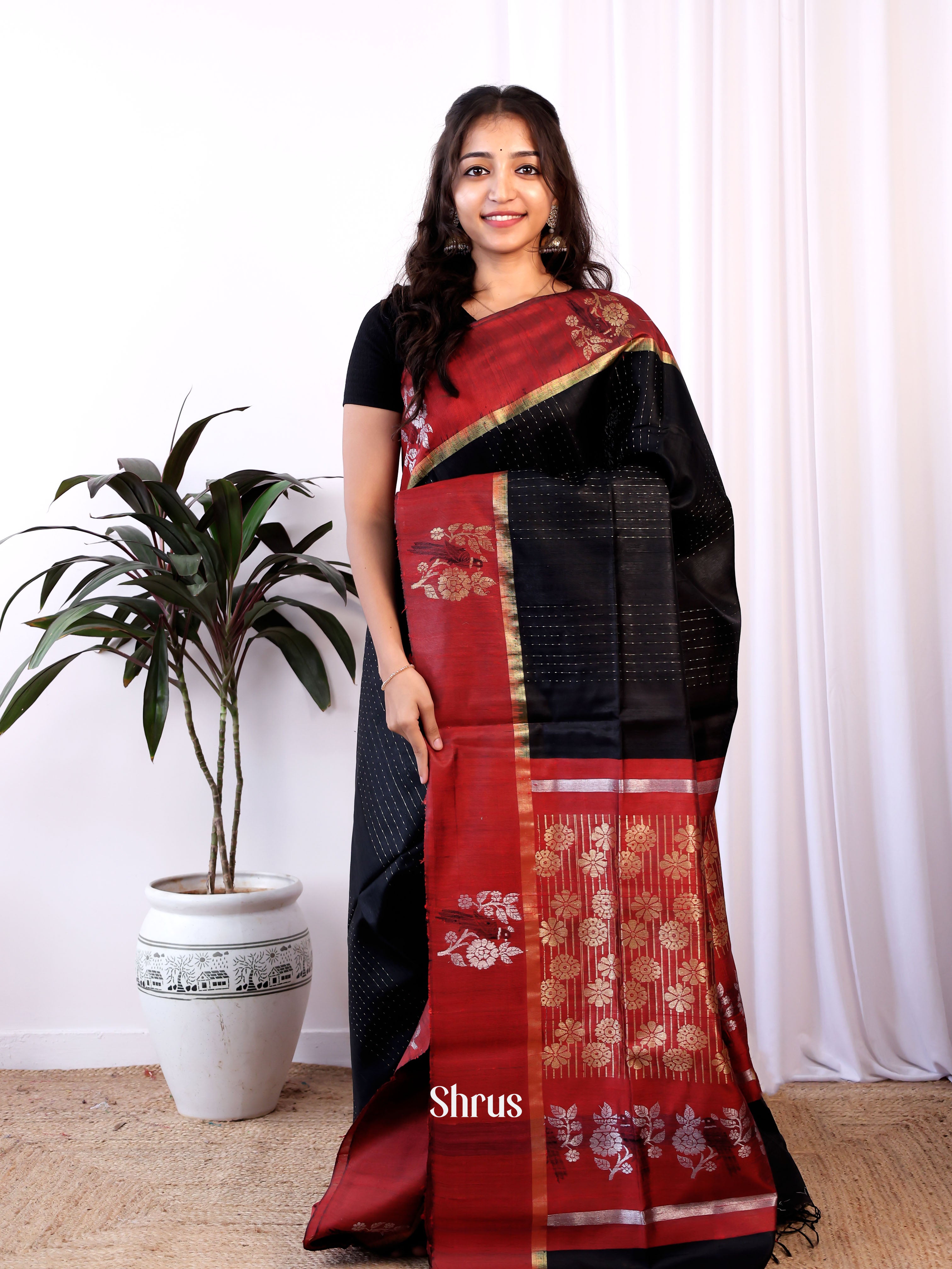 Black & Maroon - Raw Silk Saree - Shop on Shrus.com