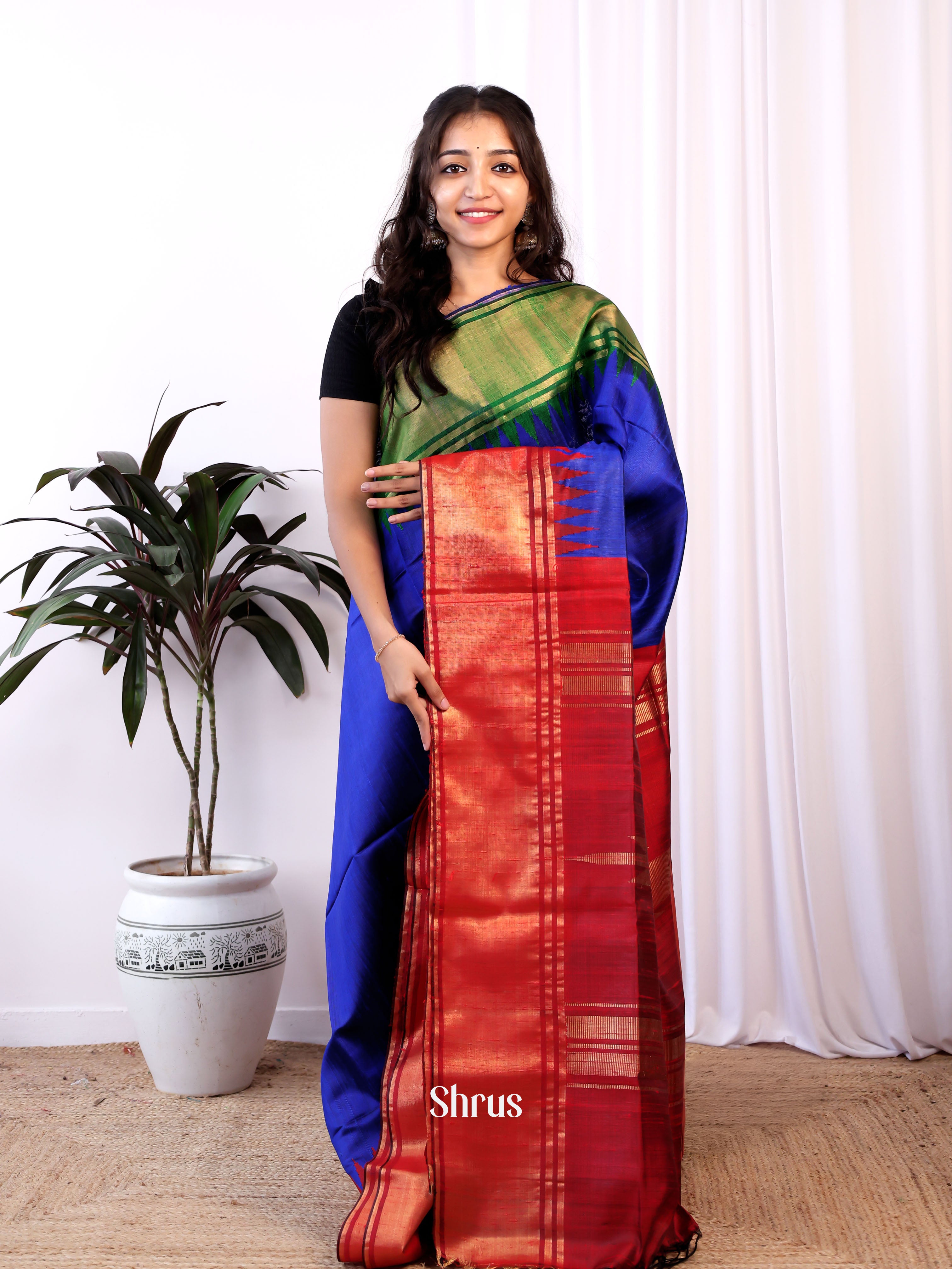 Blue & Red - Raw Silk Saree - Shop on Shrus.com